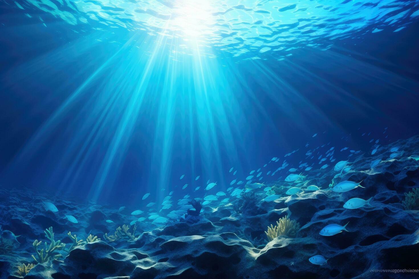 sous-marin scène avec des poissons et des rayons de lumière. vecteur illustration, sous-marin océan bleu abîme avec lumière du soleil plongée et scaphandre autonome arrière-plan, ai généré photo