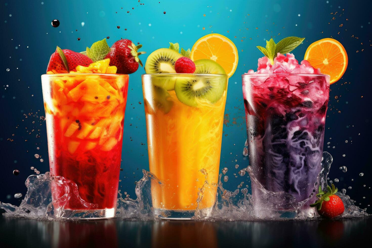 fruit et baie smoothies dans des lunettes avec éclaboussures sur bleu arrière-plan, fruit smoothies dans verre avec coloré éclaboussures. mixte médias, ai généré photo