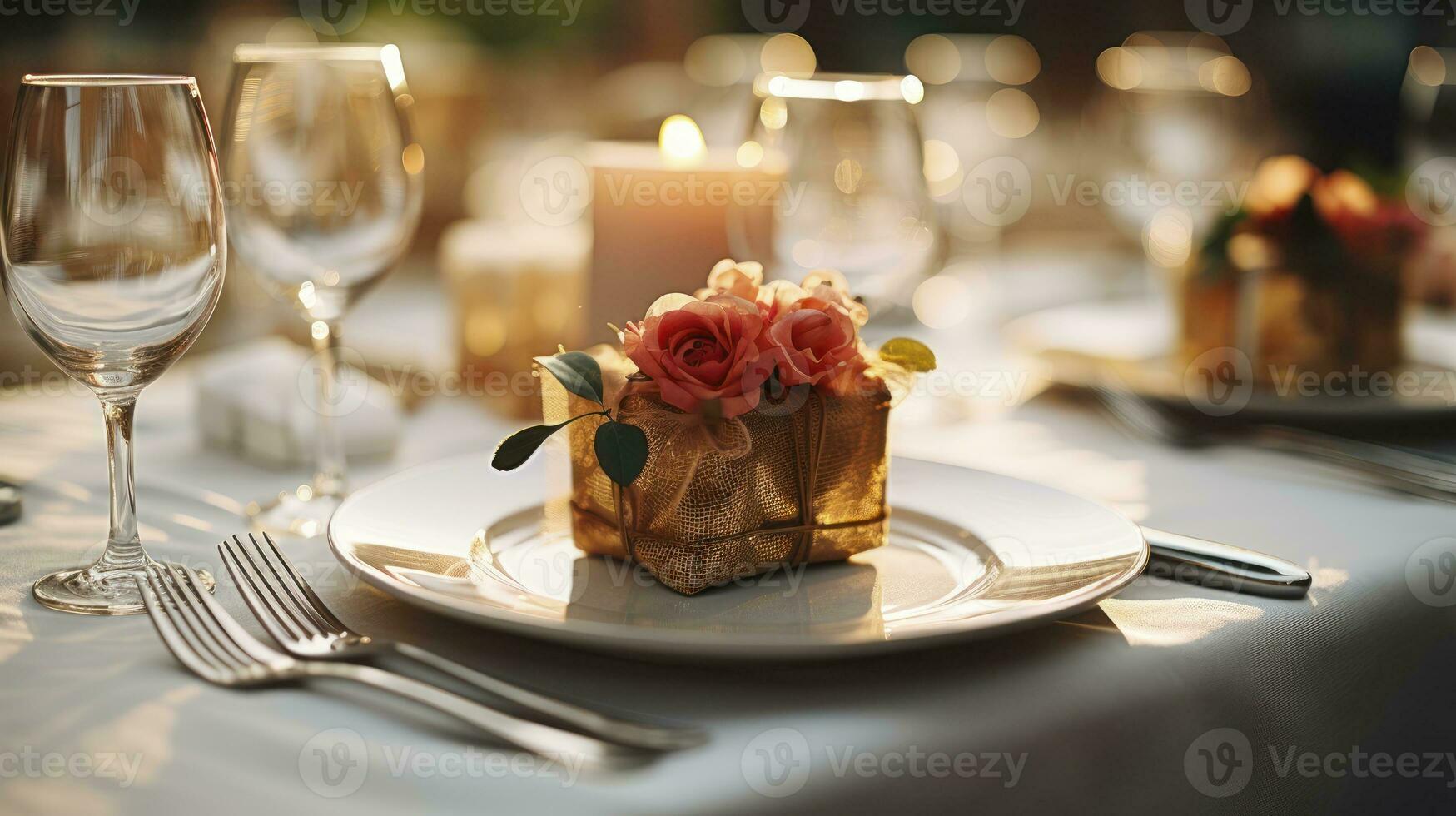 mariage élégance - arrangé table avec assiettes et des lunettes sur une mariage réception. génératif ai photo
