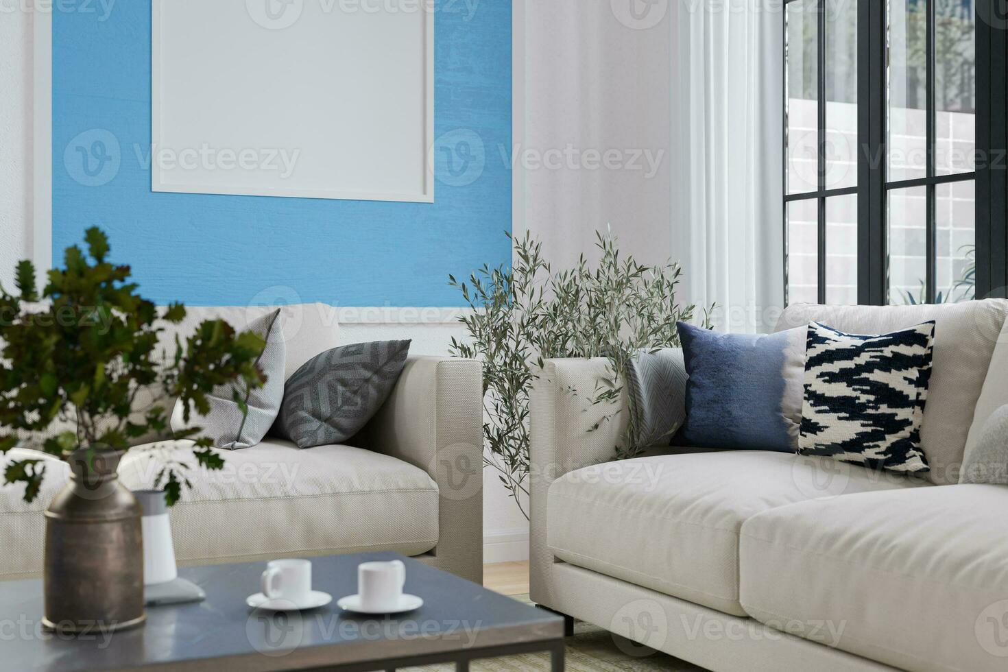 pur Naturel plante dans une vase sur le café tableau, Contexte mur peint avec blanc et ciel bleu, oreiller mensonge sur le canapé. 3d le rendu photo