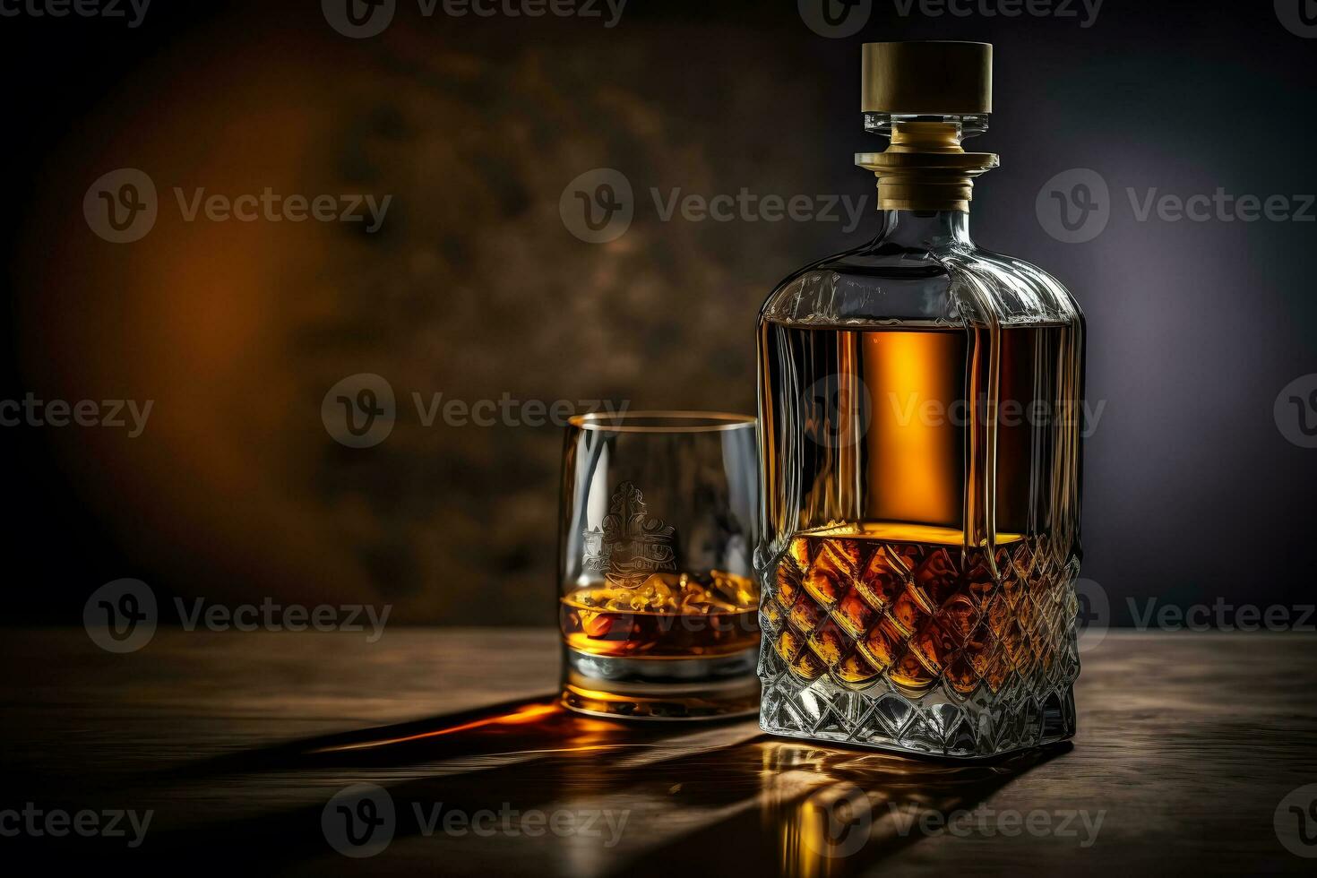 vieux whisky verre proche à ancien bouteille sur en bois tableau. neural réseau généré art photo