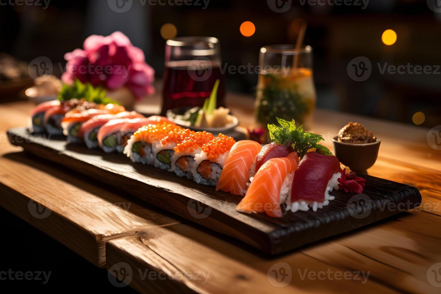 Japonais nourriture - Sushi dans en bois plat dans traditionnel Sushi bar ai génératif photo