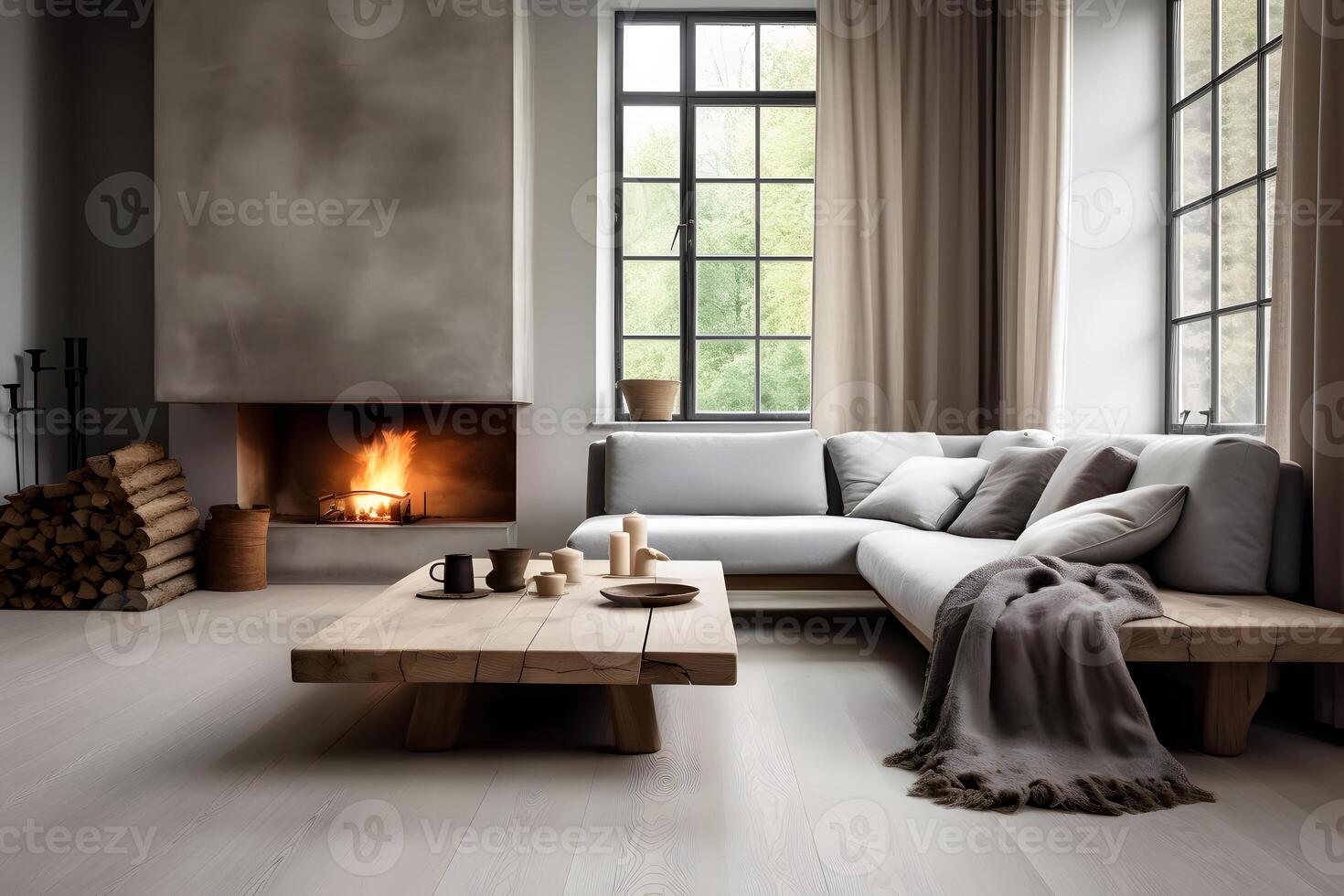 vivant pièce avec une rustique scandinave intérieur style, une gris lit de repos canapé est mis suivant à une cheminée ai généré image photo