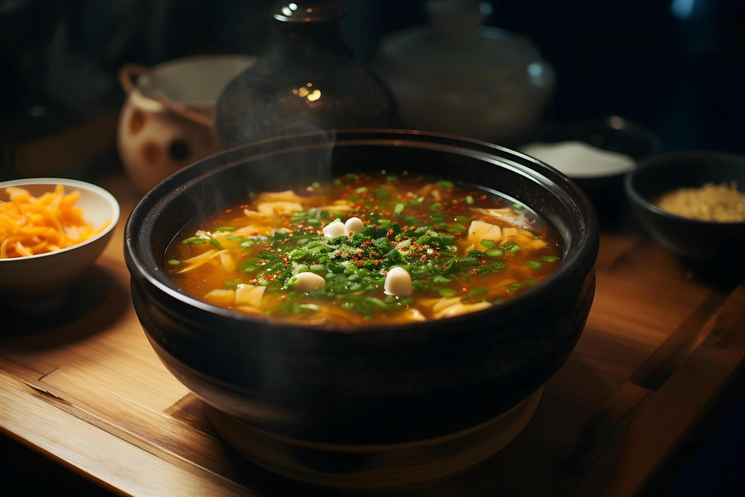 miso soupe dans céramique bol dans appartenant à la famille Sushi restaurant ai génératif photo