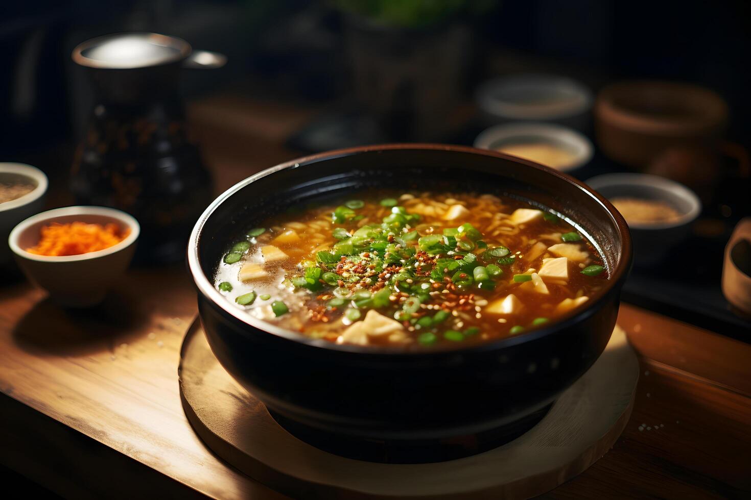 miso soupe dans céramique bol dans appartenant à la famille Sushi restaurant ai génératif photo