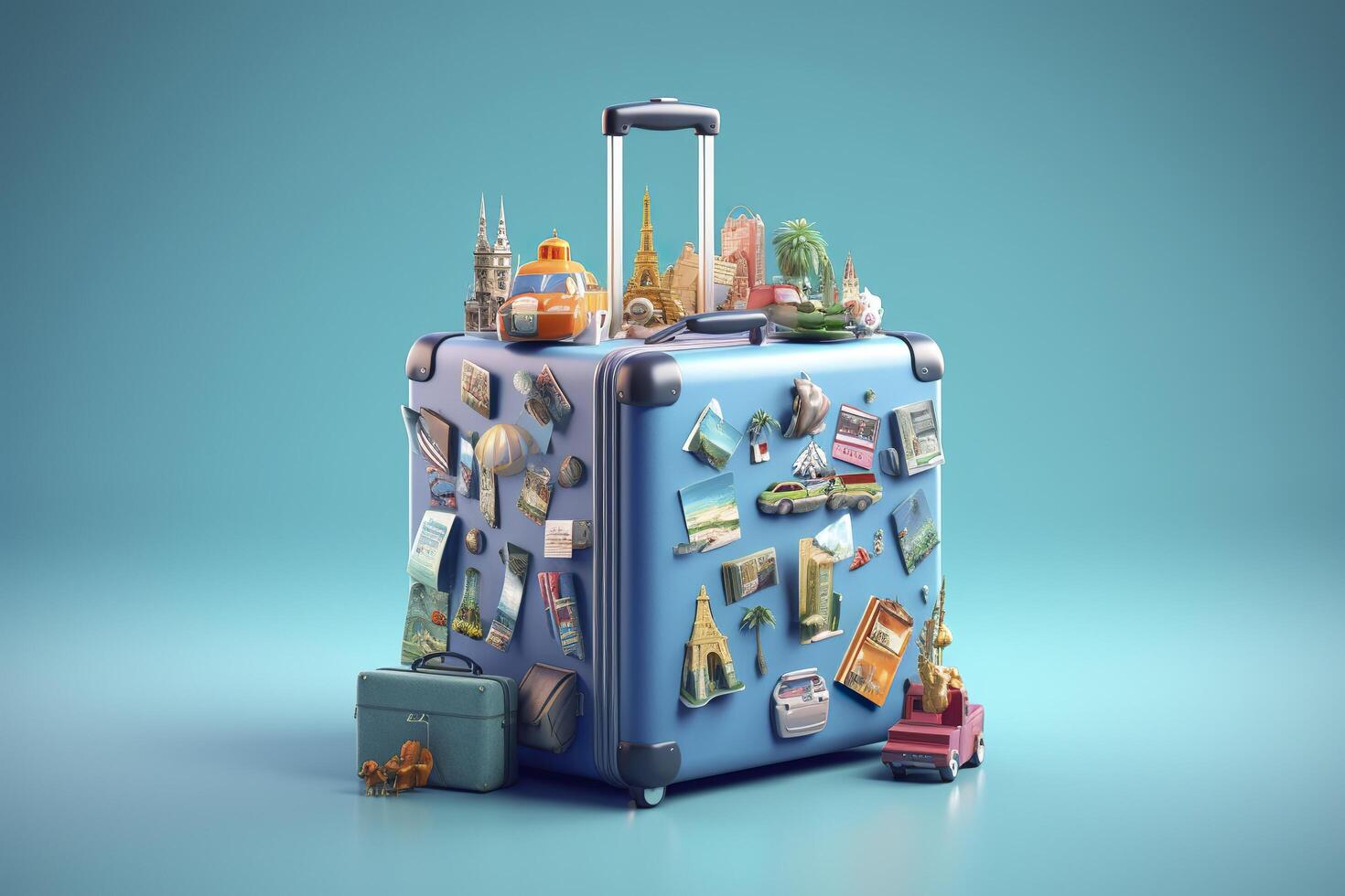 bleu valise plein de Repères et Voyage accessoires sur bleu Contexte. génératif ai photo