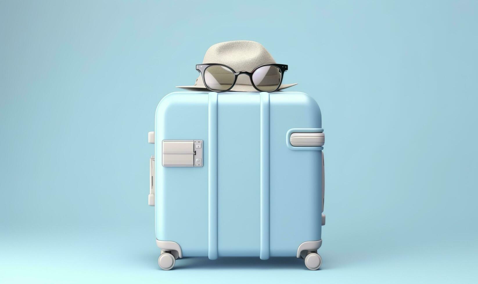 bleu valise avec des lunettes de soleil sur une pastel bleu Contexte. Voyage concept. génératif ai photo