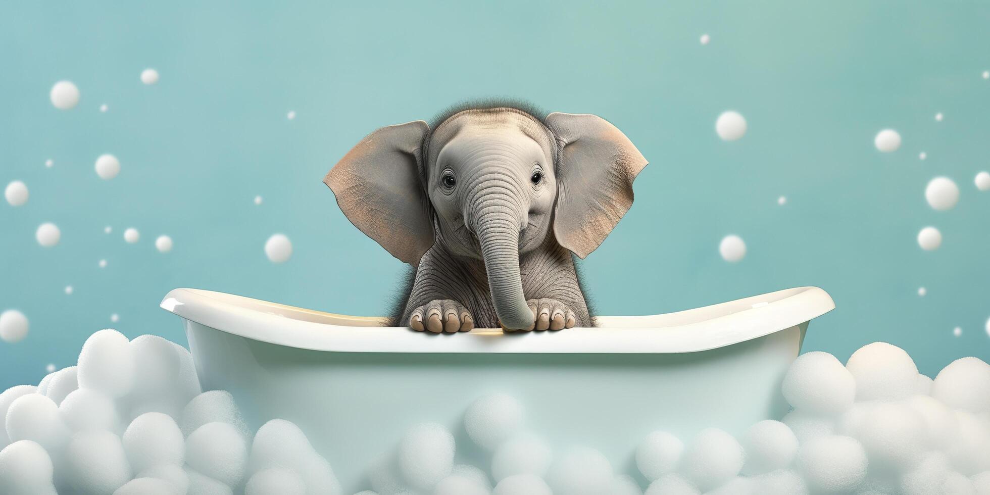 minimaliste albinos l'éléphant dans une baignoire de savon bulles contre une cyan Contexte. ai génératif photo