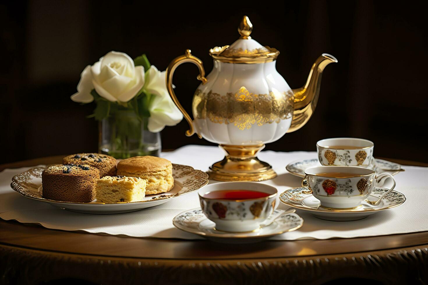 classique servi thé table avec des biscuits. génératif ai photo