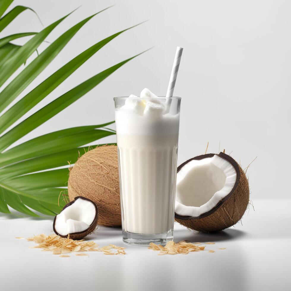 noix de coco Lait secouer verre avec Frais tranché noix de coco. génératif ai photo