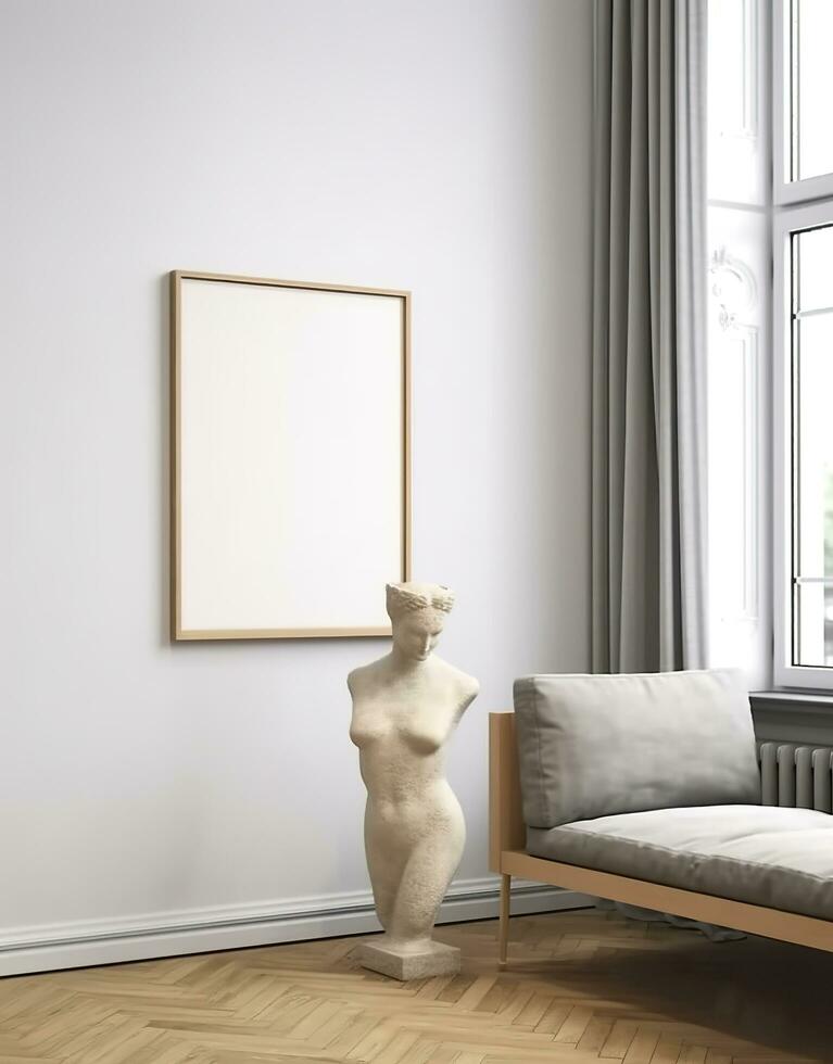 maquette Cadre dans contemporain scandinave vivant pièce intérieur, 3d rendre. ai génératif photo