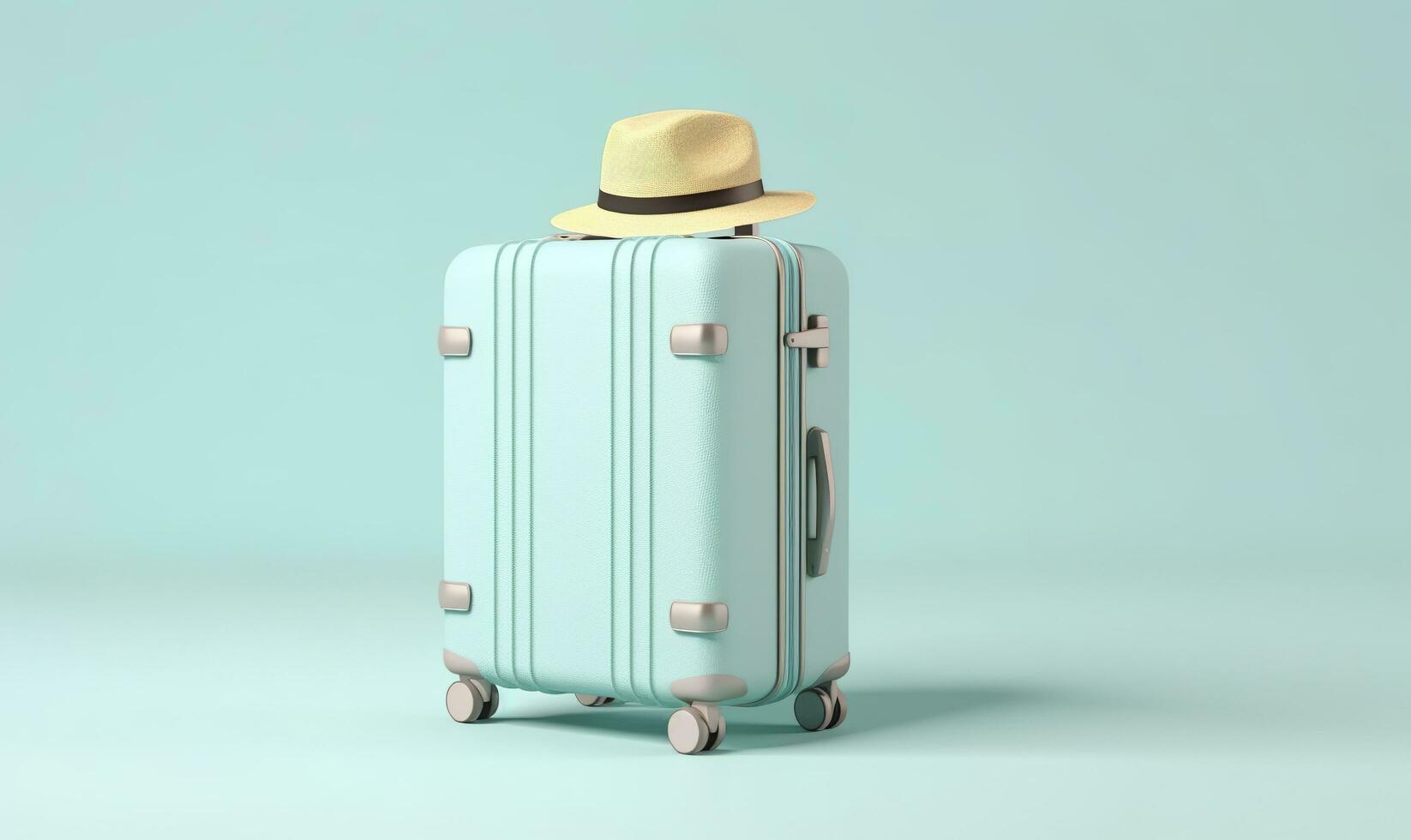 bleu valise avec des lunettes de soleil sur une pastel bleu Contexte. Voyage concept. génératif ai photo