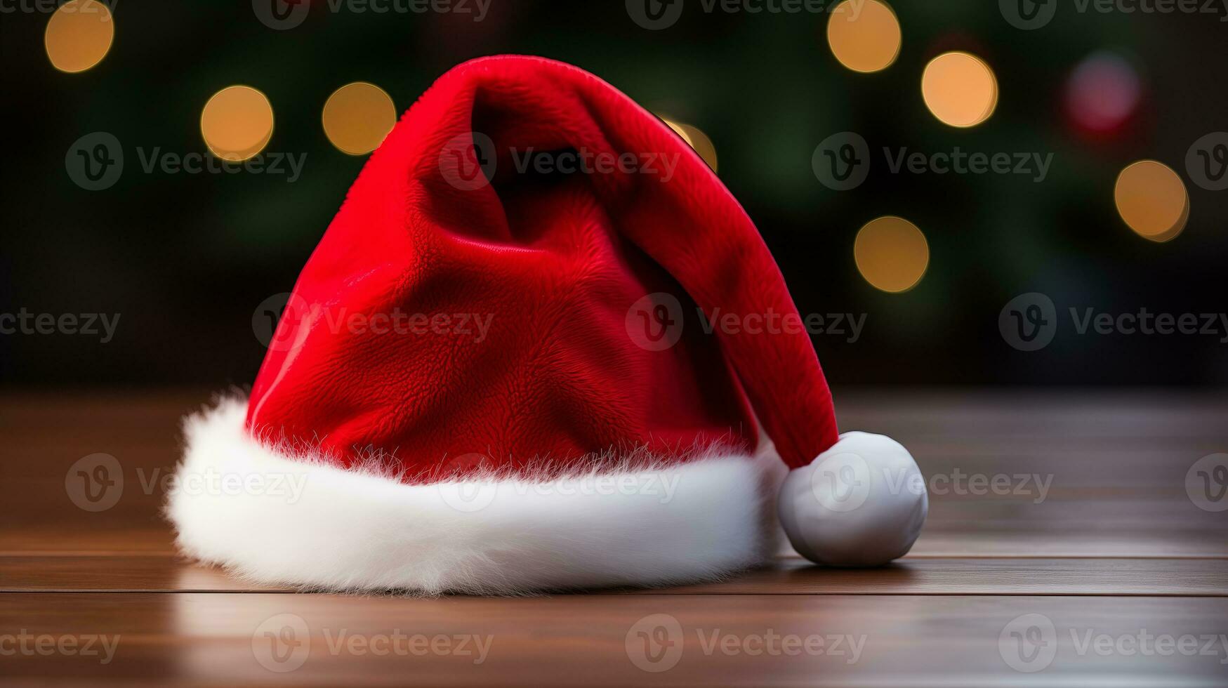 Père Noël claus chapeau sur le table bokeh Contexte. ai généré. photo
