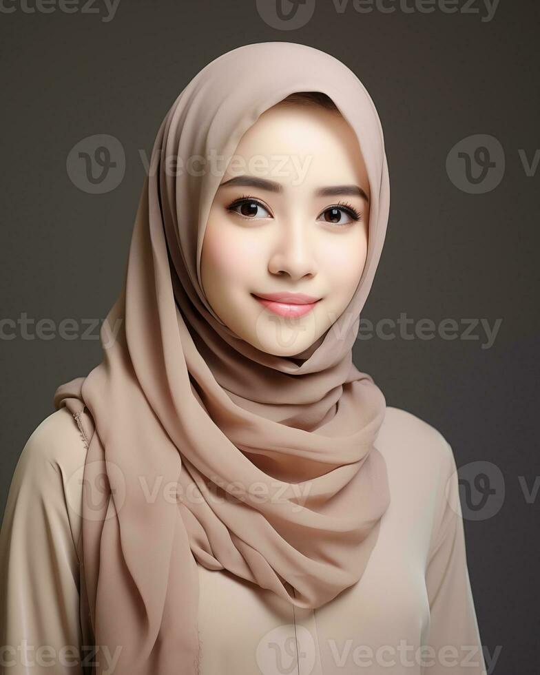 magnifique asiatique fille portant longue hijab permanent dans plaine Contexte ai génératif photo