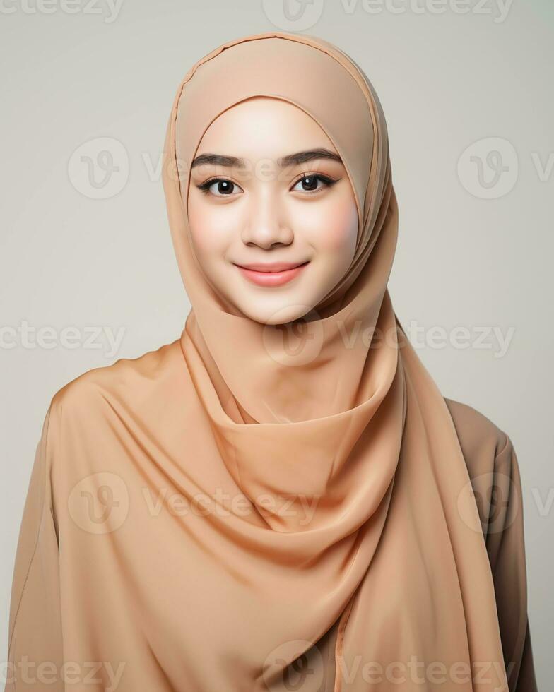 magnifique asiatique fille portant longue hijab permanent dans plaine Contexte ai génératif photo