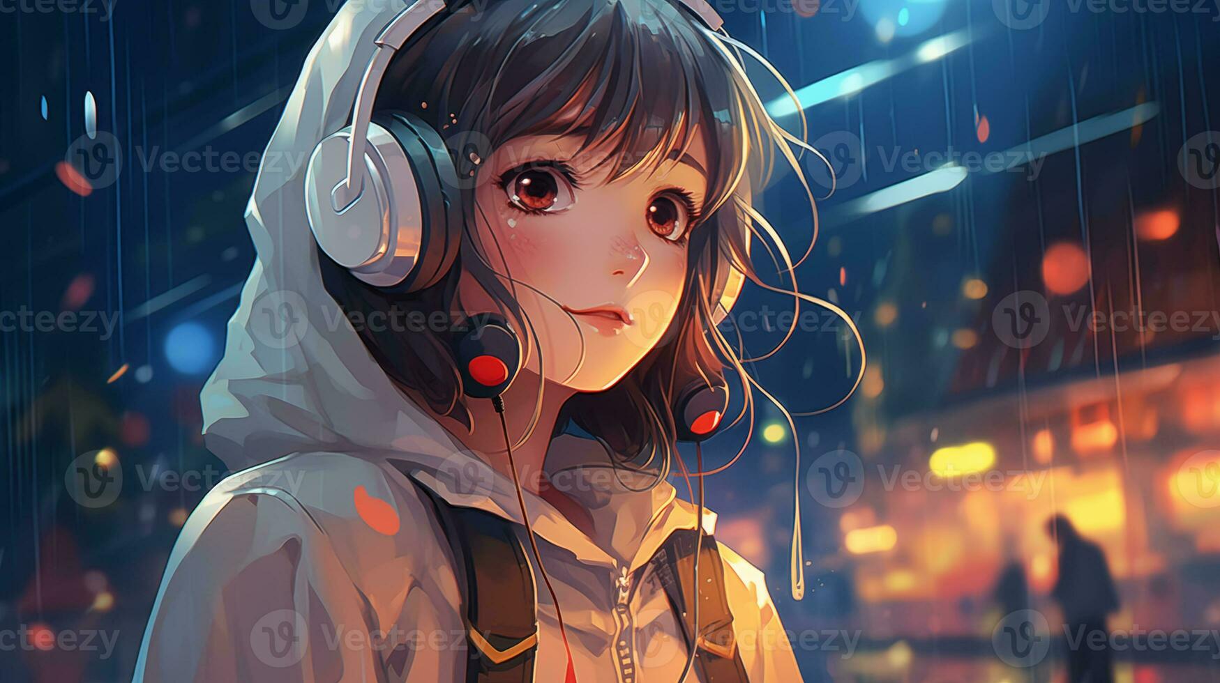 dessin animé lofi Jeune manga style fille tandis que écoute à la musique dans le pluie ai génératif photo