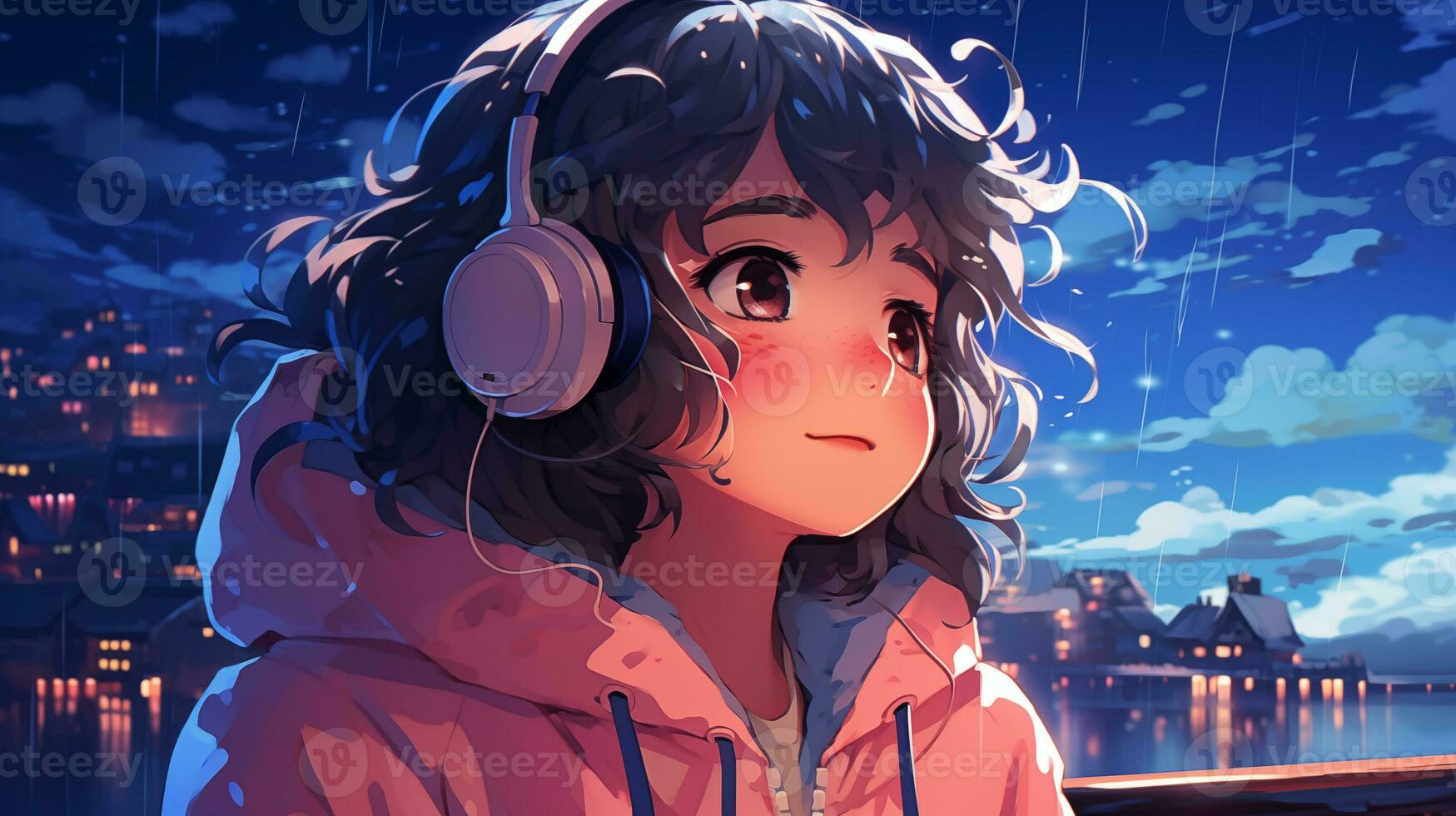 dessin animé lofi Jeune manga style fille tandis que écoute à la musique dans le pluie ai génératif photo