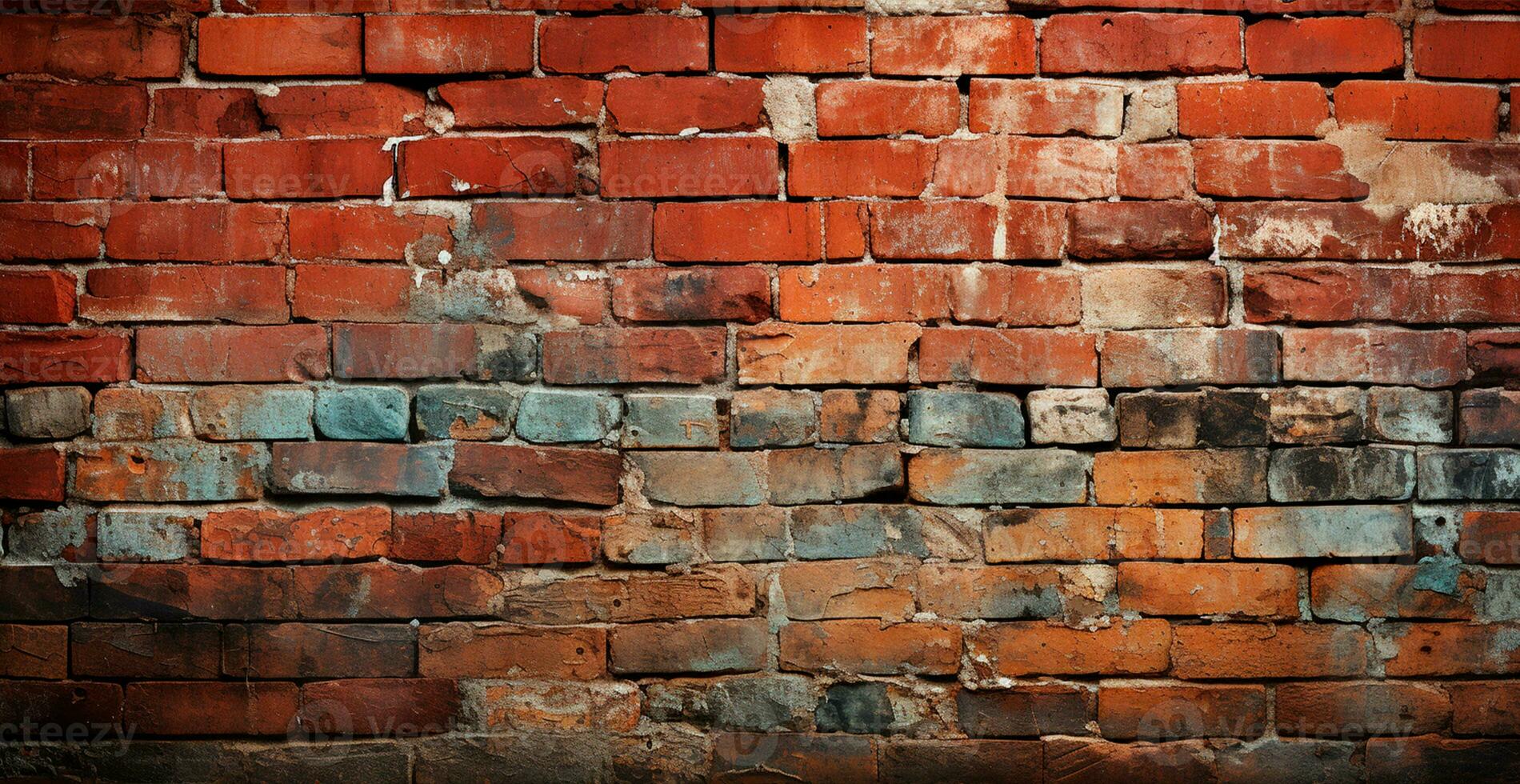 panoramique texture, vieux ruiné rouge brique mur - ai généré image photo