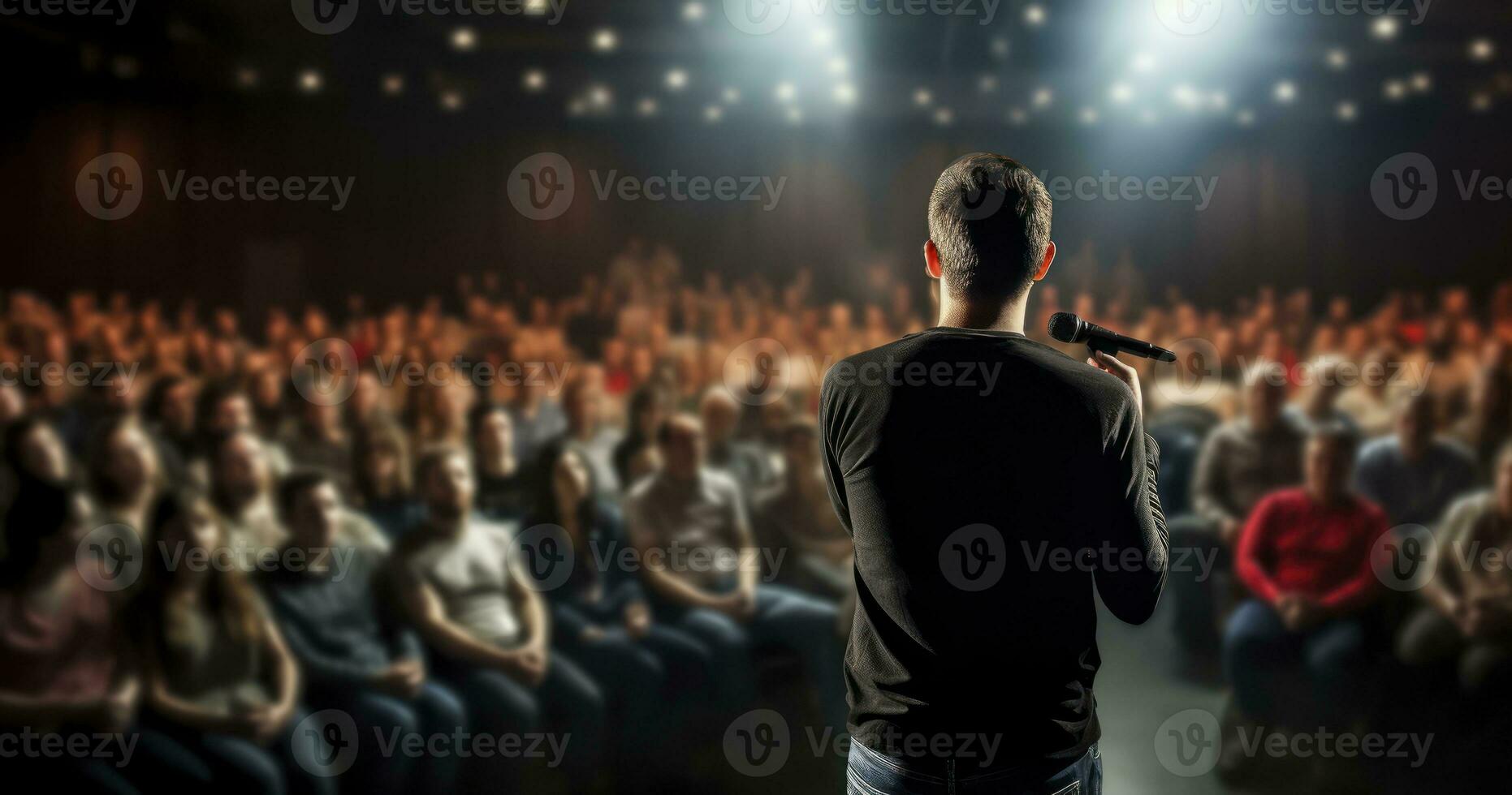 vibrant le masses - de motivation orateur avec microphone performant sur organiser, dans Contexte gens séance dans salle. génératif ai photo