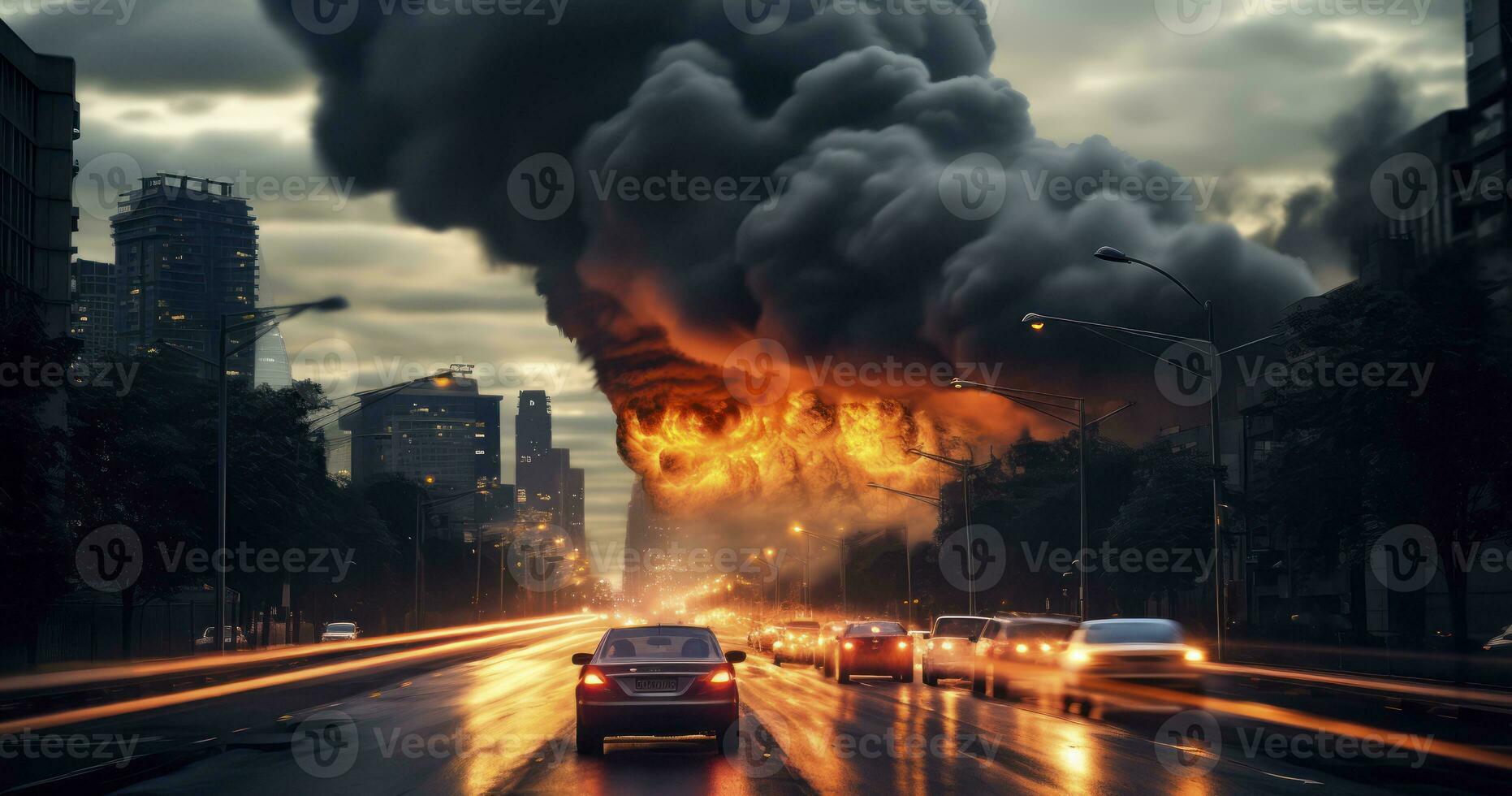 le chaos à crépuscule - spectaculaire soir gros ville paysage avec feu, fumée et tornade. longue exposition et flou voiture phares. génératif ai photo