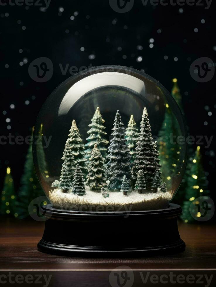 ai généré ai génération. neige globe avec Noël des arbres sur foncé Contexte. Noël concept. photo