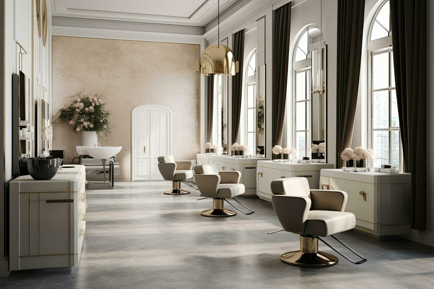 luxe salle de bains intérieur avec beige des murs, carrelé sol, confortable beige baignoire et couler. 3d le rendu, moderne et élégant intérieur conception de professionnel beauté salon, ai généré photo