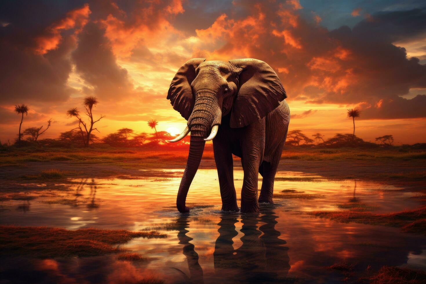 l'éléphant dans le l'eau sur une Contexte de une magnifique coucher de soleil, l'éléphant et coucher de soleil, ai généré photo