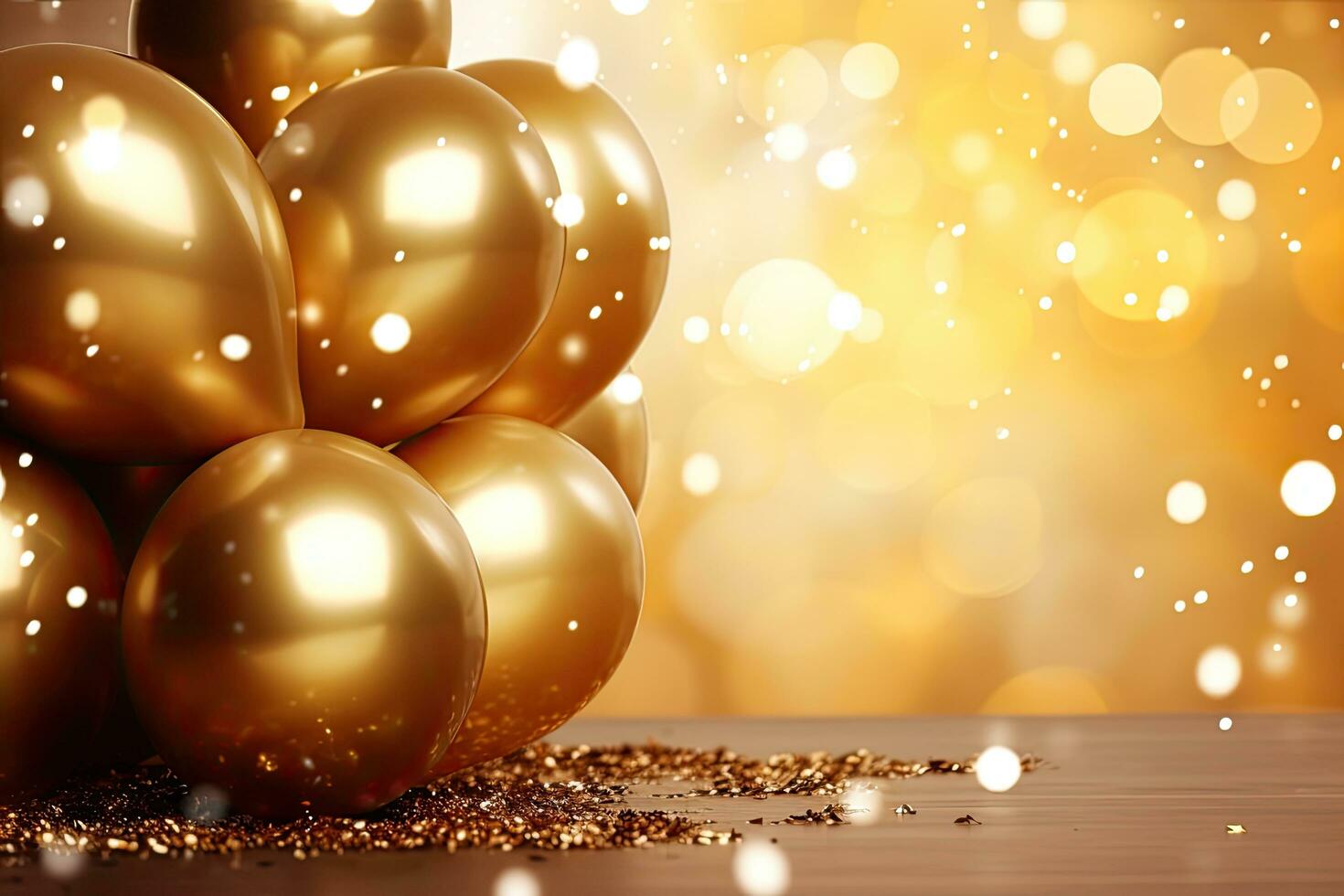 d'or des ballons sur bokeh arrière-plan, Noël et Nouveau année concept, d'or des ballons et confettis sur une d'or Contexte. 3d le rendu, ai généré photo