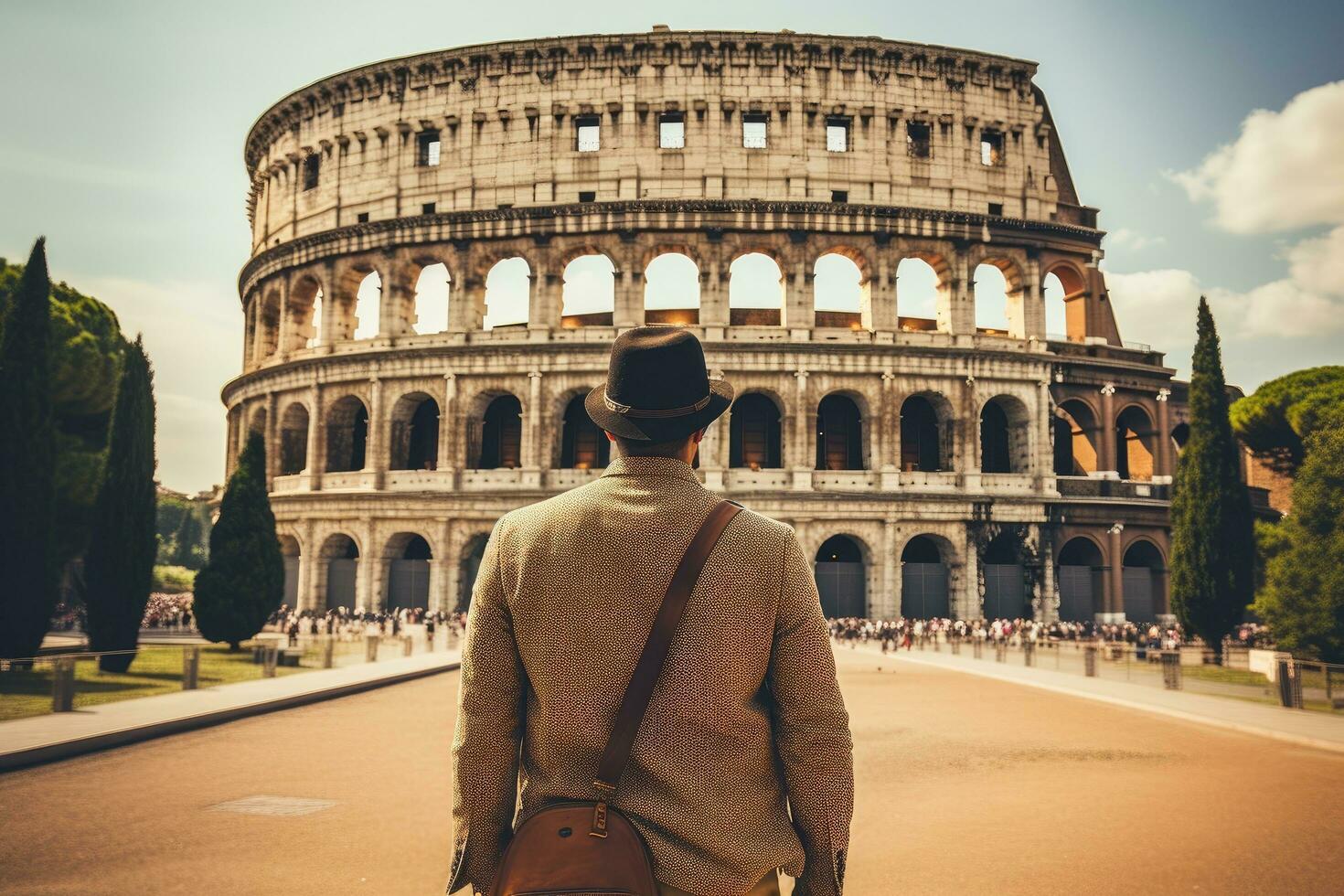 une Jeune homme dans une chapeau et une manteau regards à le colisée dans Rome, Italie, Masculin touristique permanent dans de face de une sablonneux plage et en train de regarder le mer, arrière voir, plein corps, ai généré photo