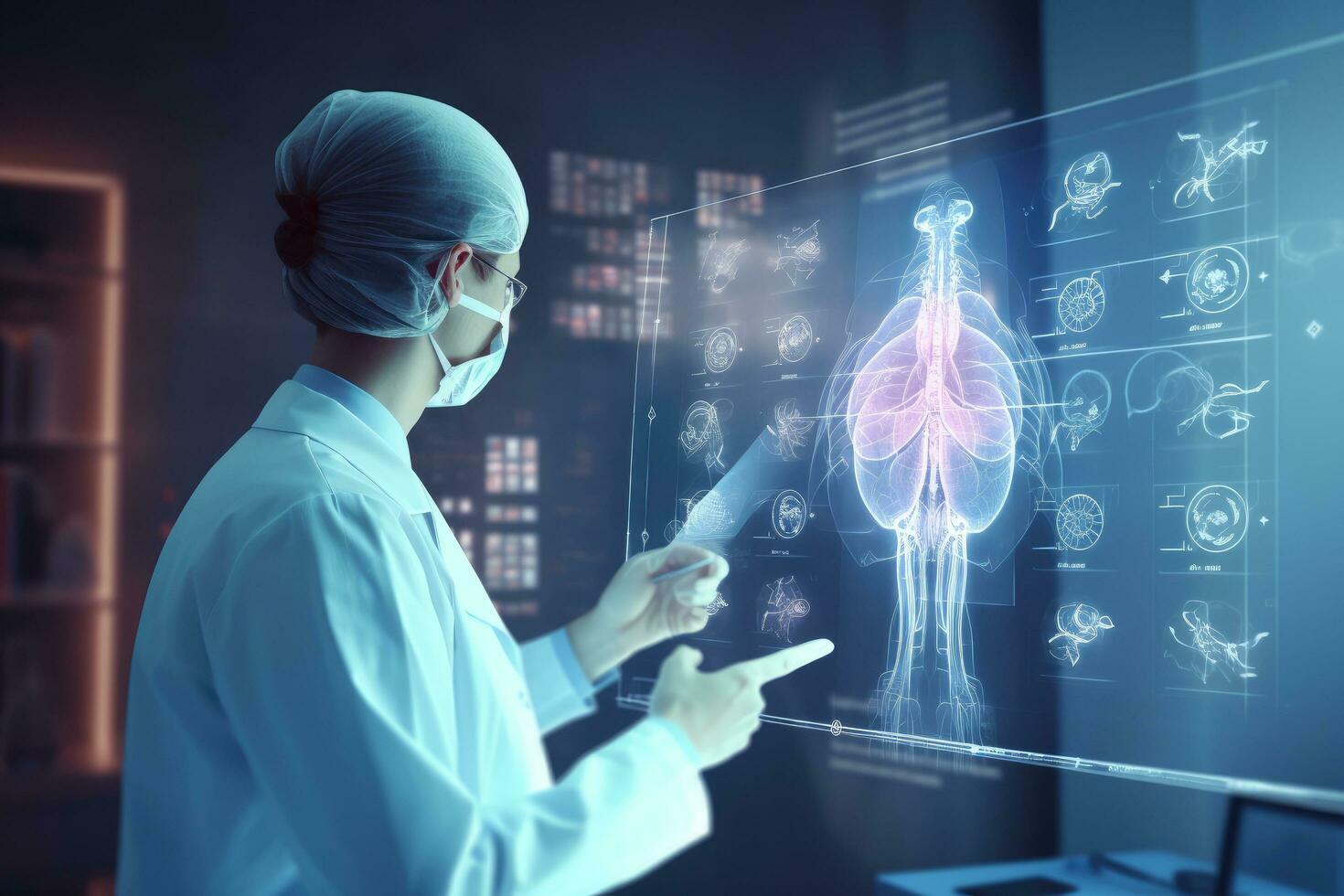 science, médecine, La technologie et gens concept - proche en haut de femelle médecin ou infirmière avec lunettes montrer du doigt doigt à radiographie de Humain corps plus de foncé Bureau arrière-plan, 3d le rendu, ai généré photo