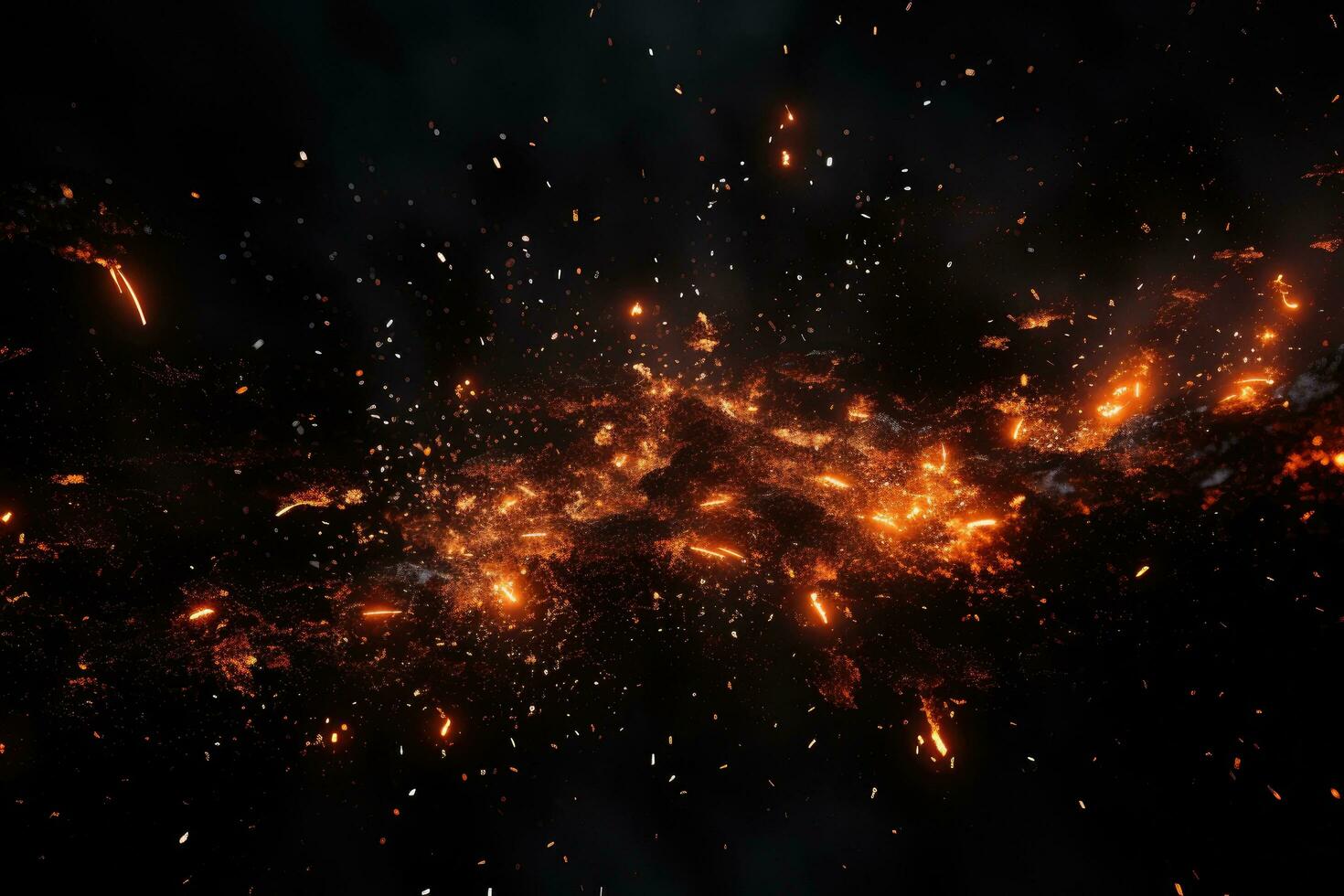 3d illustration de explosion de charbon dans espace, ordinateur généré abstrait arrière-plan, Feu braise particules plus de noir arrière-plan, ai généré photo