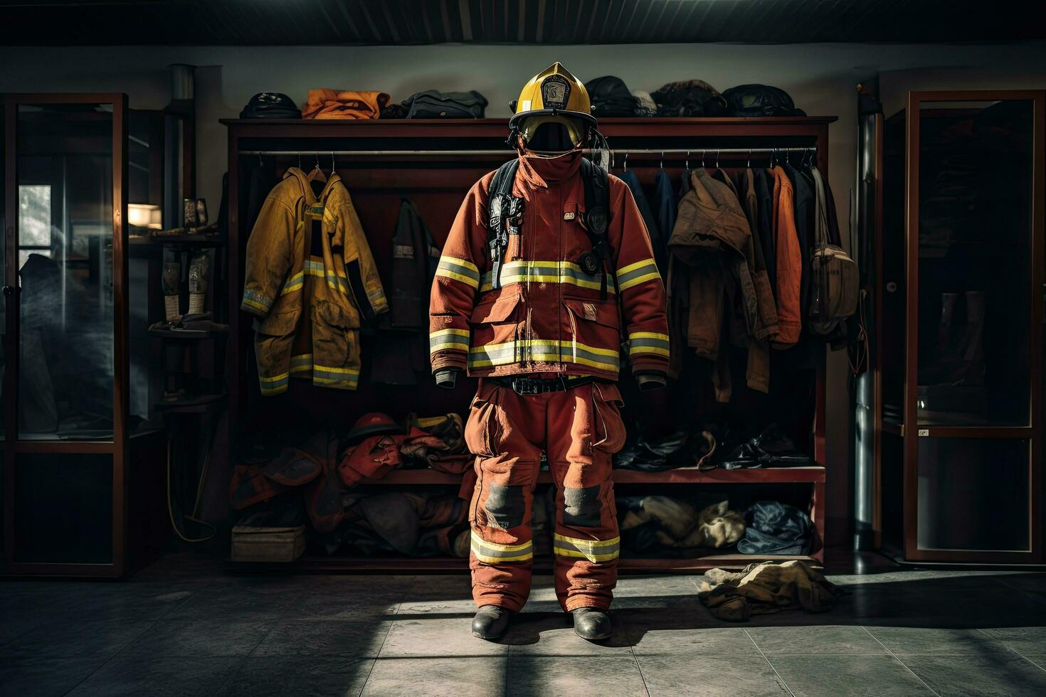 sapeur pompier dans uniforme et casque permanent dans de face de le Feu gare, sapeur pompier bunker costume dans le Feu gare, ai généré photo