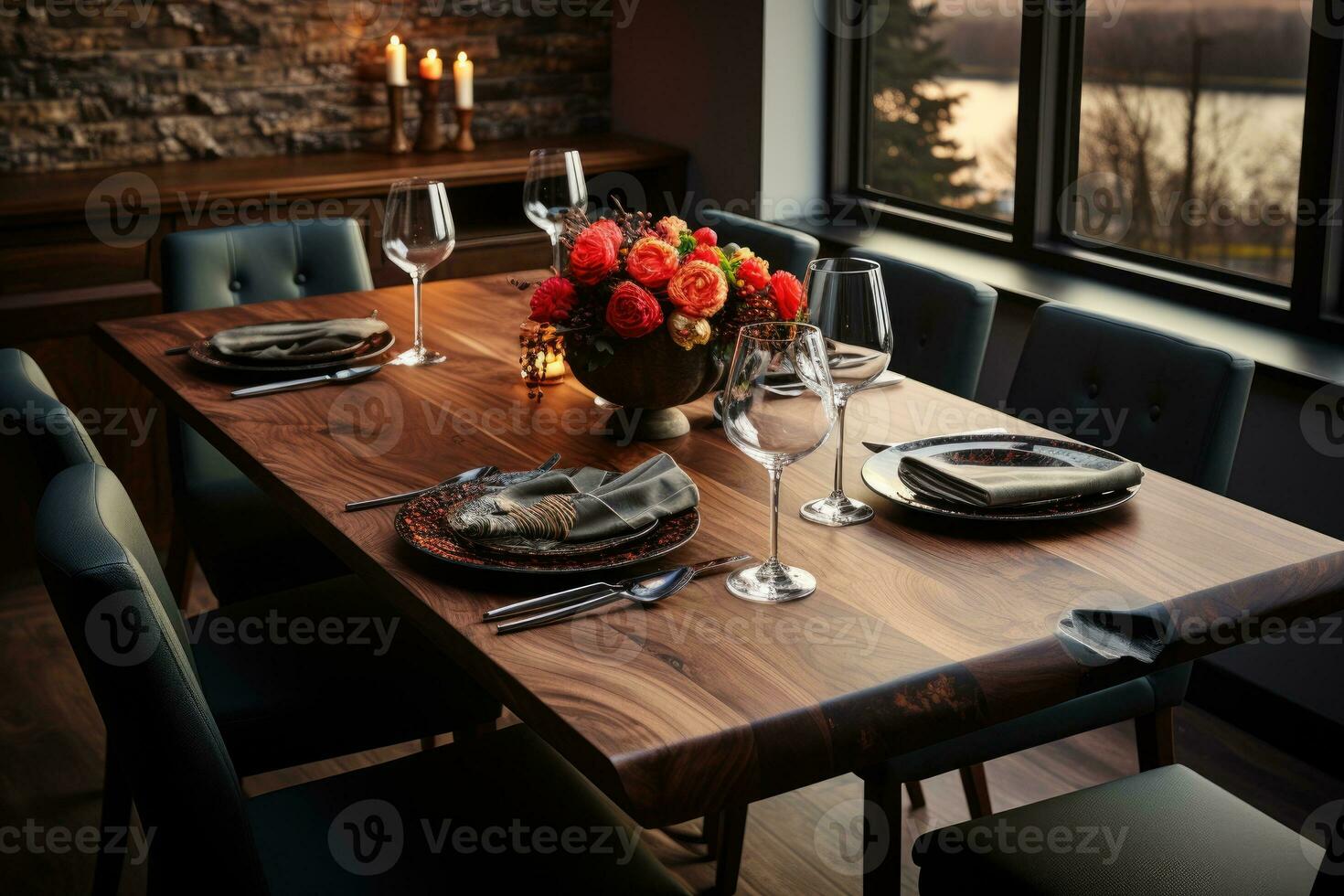 Haut vue Photos de table ensemble dans à manger pièce ai généré