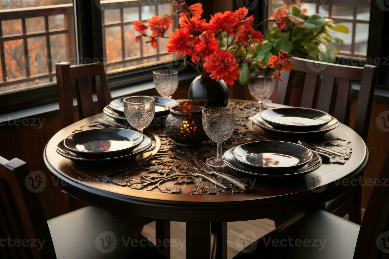 Haut vue Photos de table ensemble dans à manger pièce ai généré