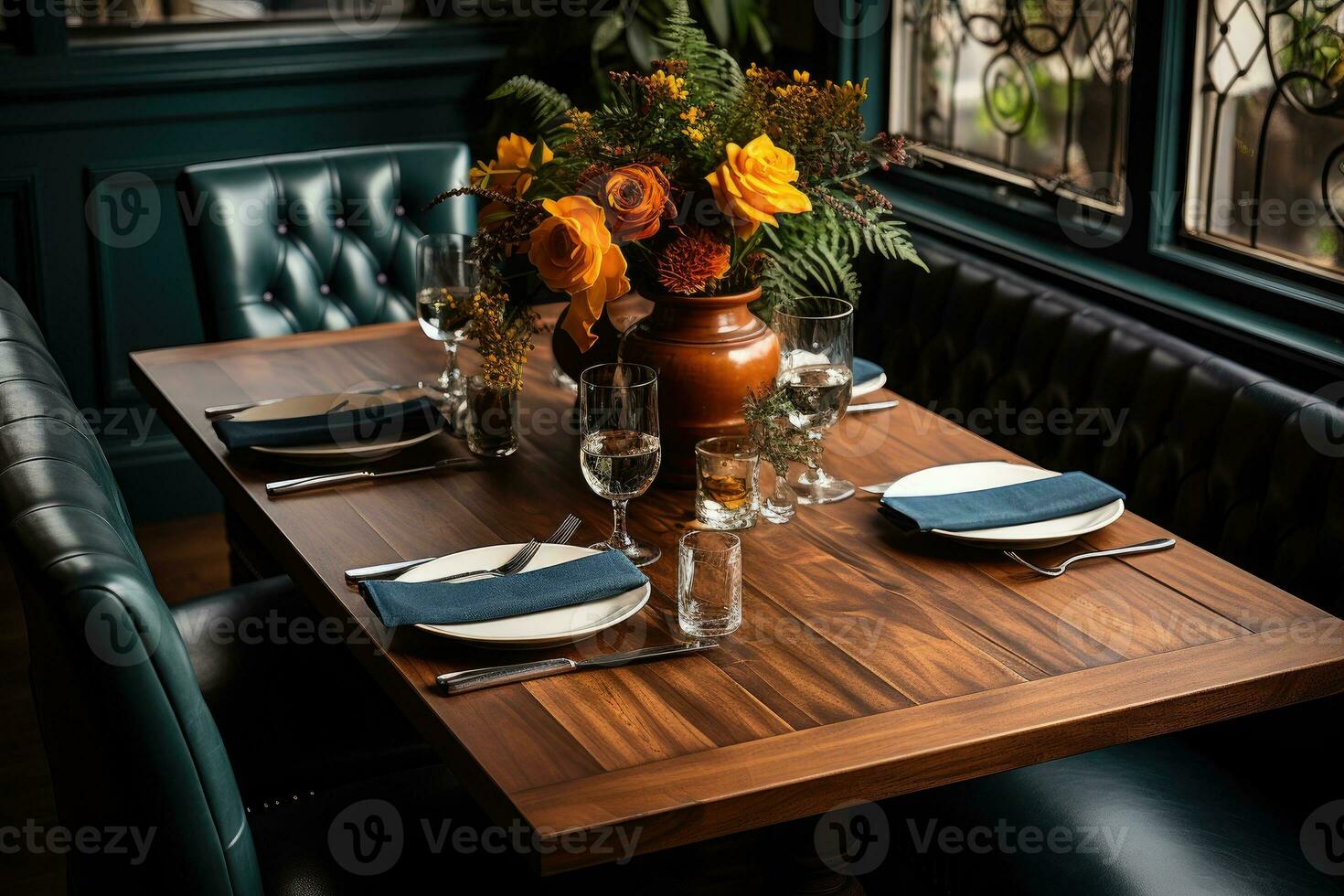 Haut vue Photos de table ensemble dans à manger pièce ai généré