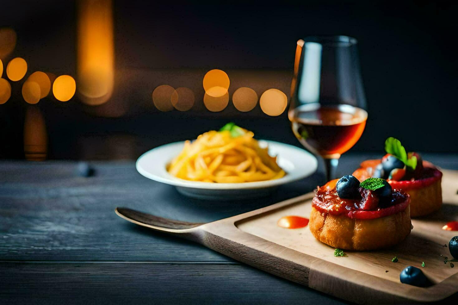 nourriture et boisson sur une en bois tableau. généré par ai photo