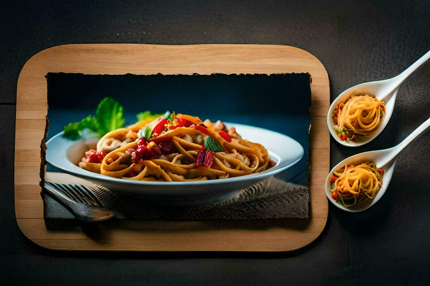 une photo de une assiette de Pâtes sur une Coupe planche. généré par ai