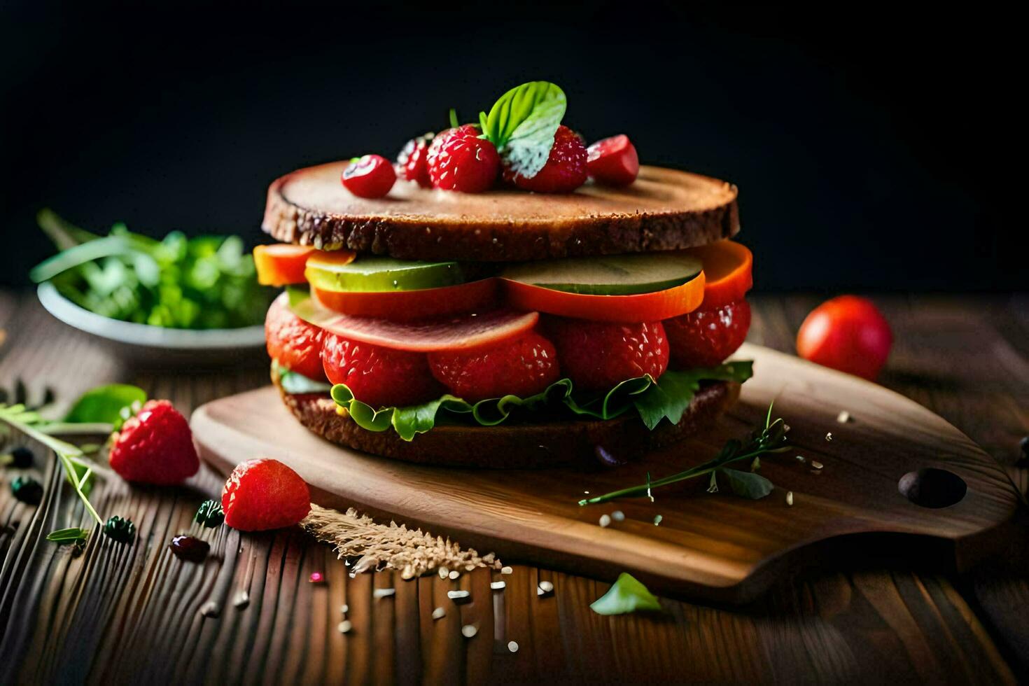 une sandwich avec des fraises et tomates sur une en bois Coupe planche. généré par ai photo