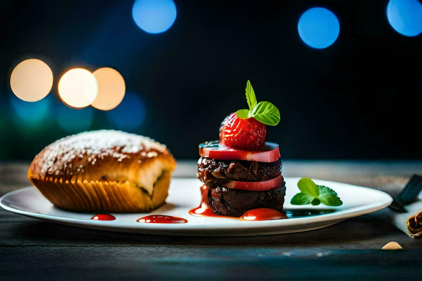 une assiette avec une dessert et une petit gâteau. généré par ai photo