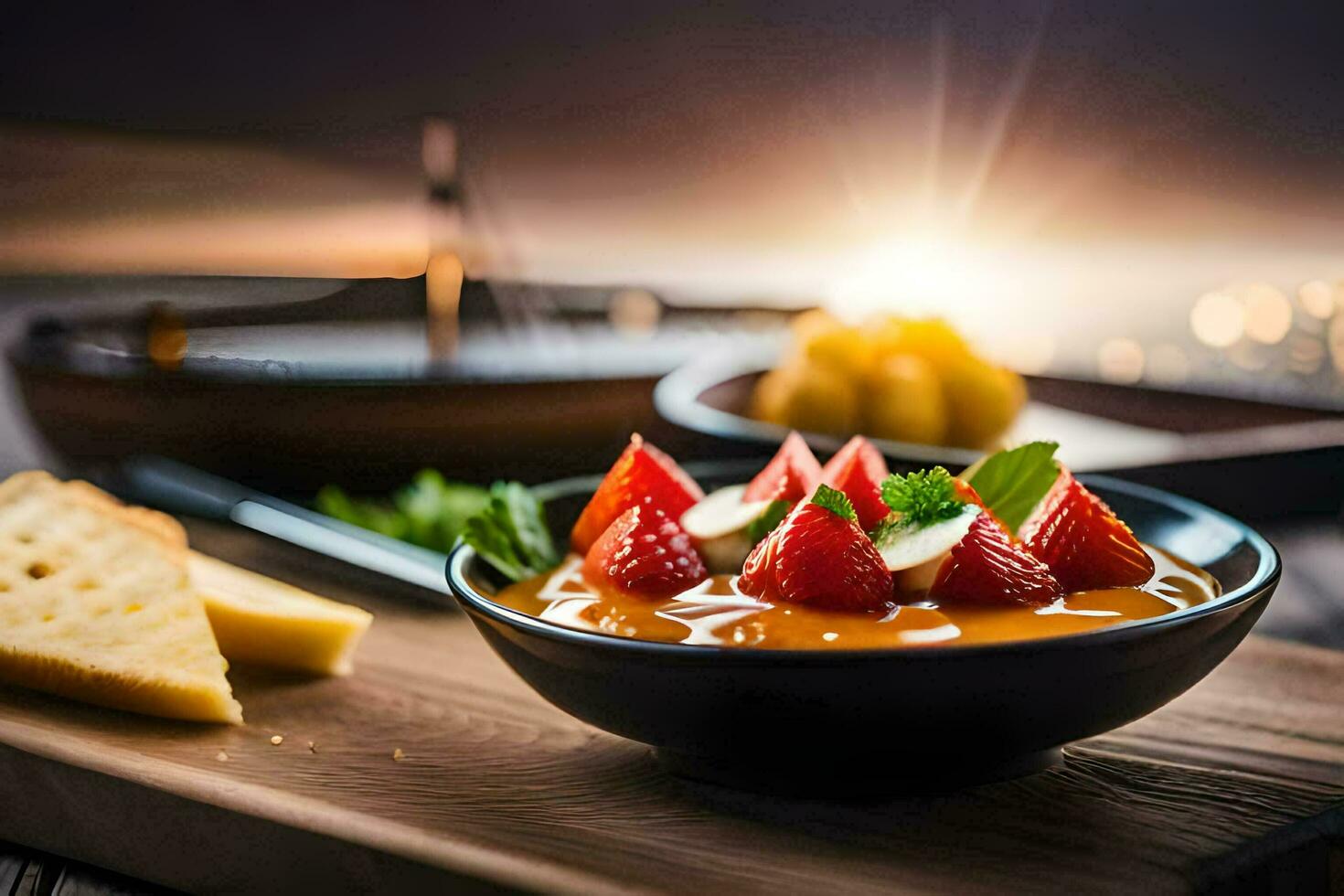 une bol de des fraises et fromage sur une en bois tableau. généré par ai photo