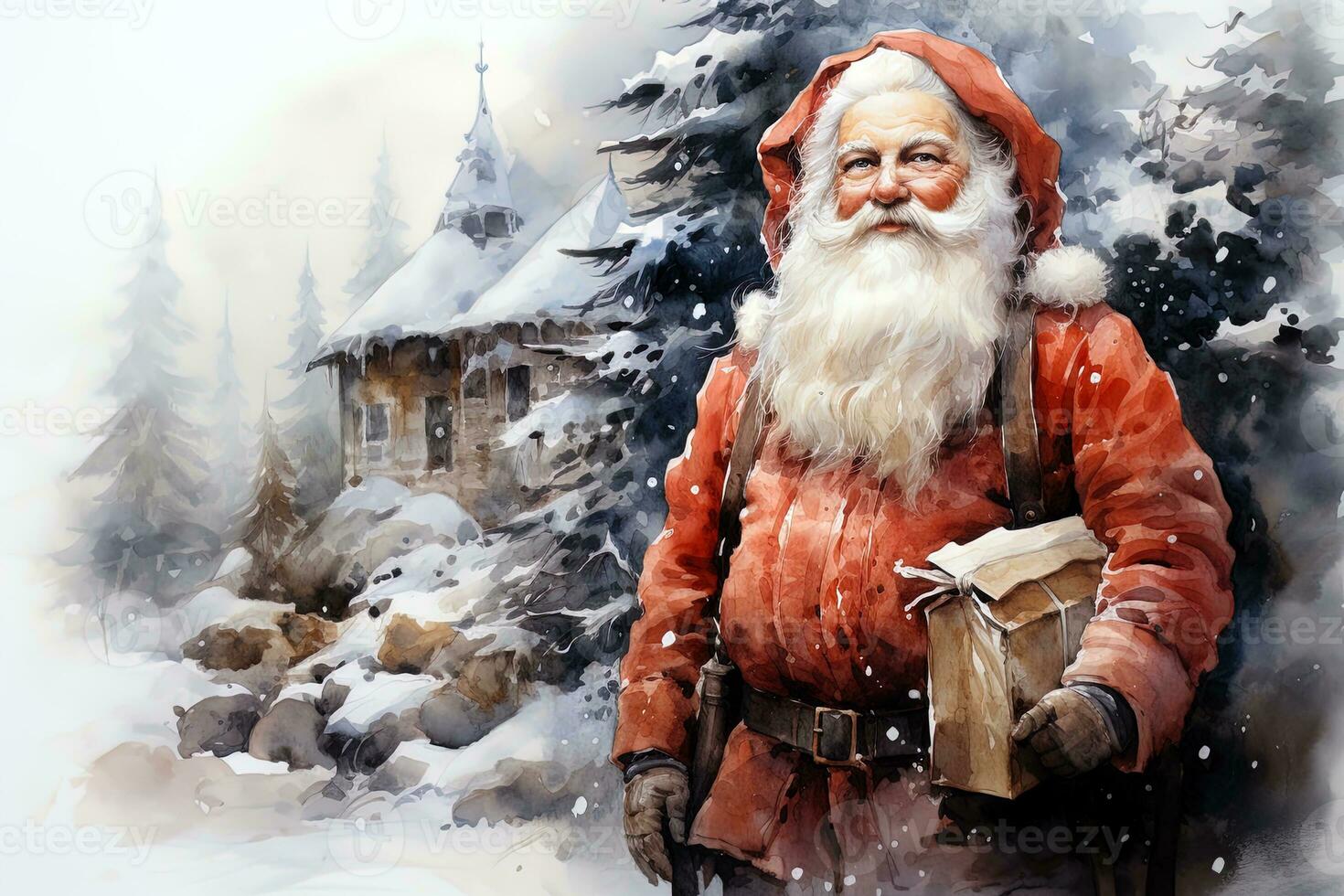 aquarelle Noël hiver paysage avec Père Noël claus. ai art photo