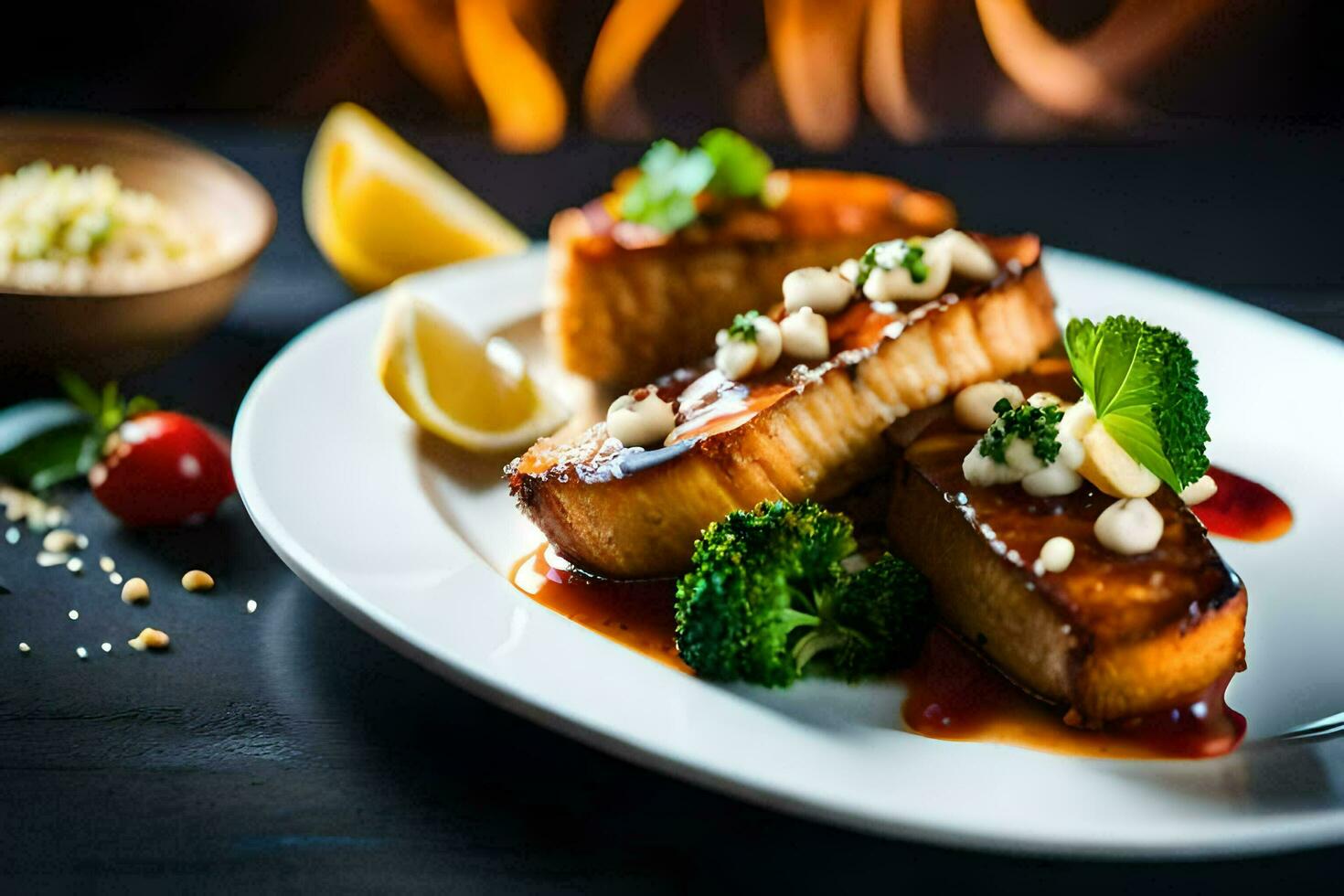 une assiette de nourriture avec poisson et des légumes. généré par ai photo