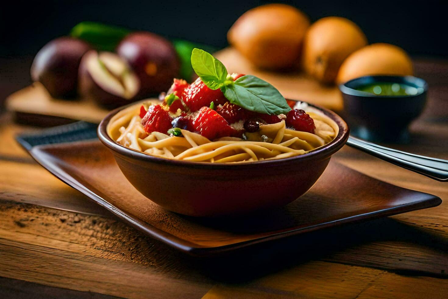 Pâtes avec tomates et basilic feuilles dans une bol. généré par ai photo