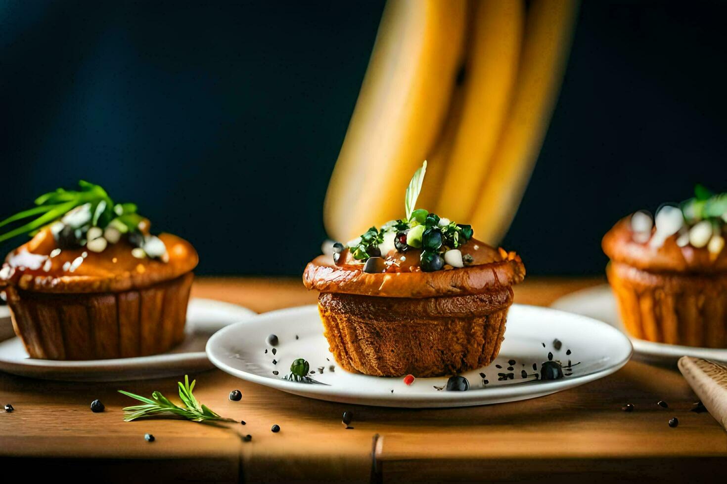 Trois mini petits gâteaux avec garnitures sur une en bois tableau. généré par ai photo