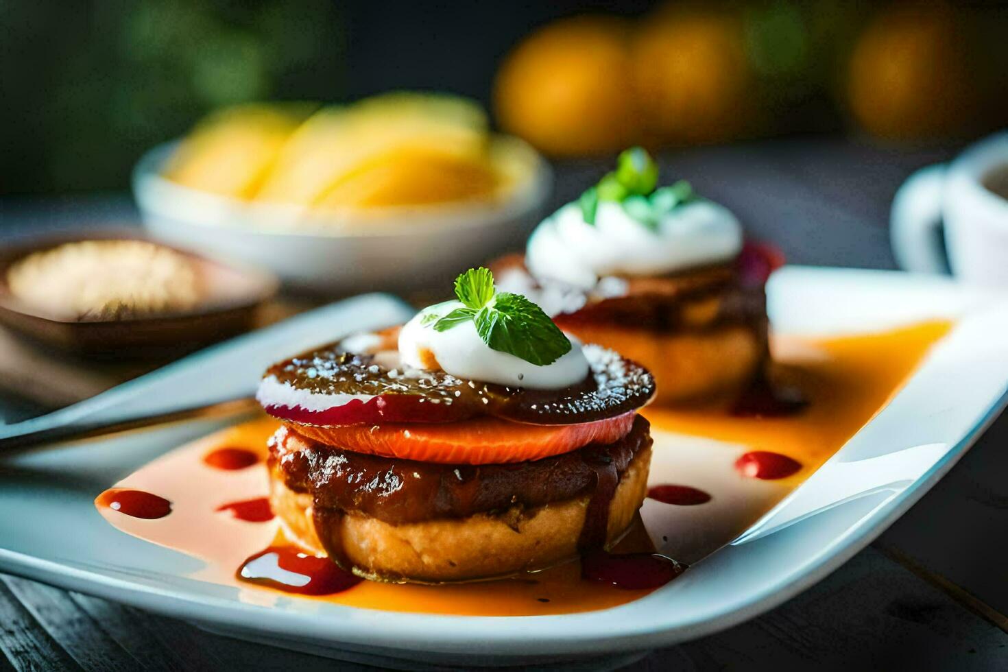 deux petit Gâteaux avec fouetté crème et des fraises. généré par ai photo