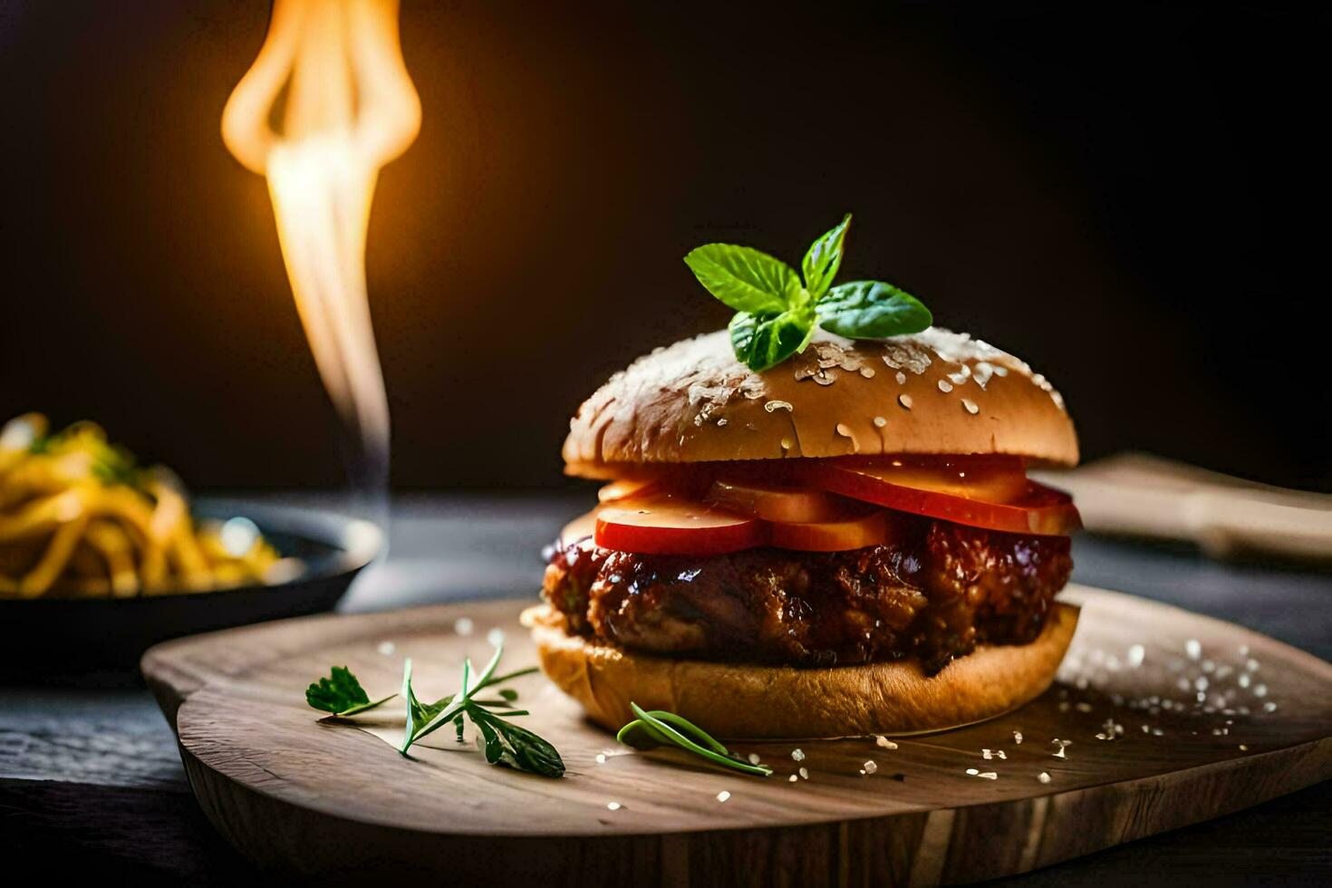 une Hamburger avec tomate, salade et herbes sur une en bois Coupe planche. généré par ai photo