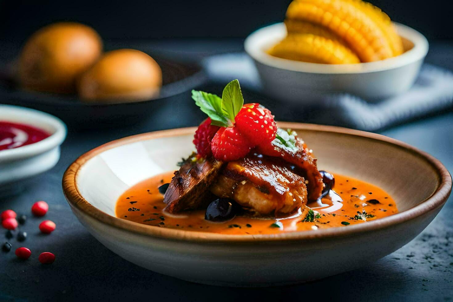 une bol de nourriture avec fruit et des légumes sur une tableau. généré par ai photo