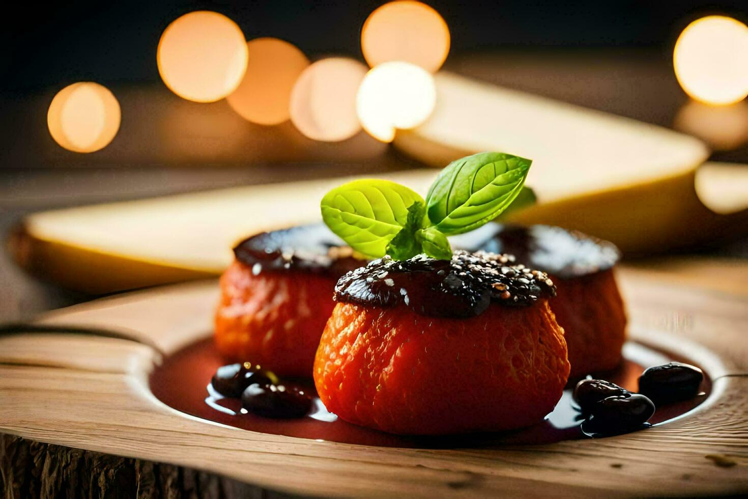 deux petit desserts sur une en bois plaque. généré par ai photo