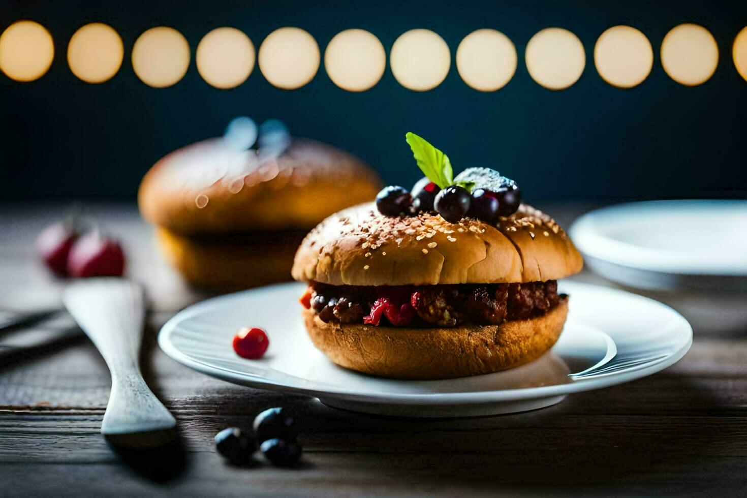 deux hamburgers sur une assiette avec baies. généré par ai photo