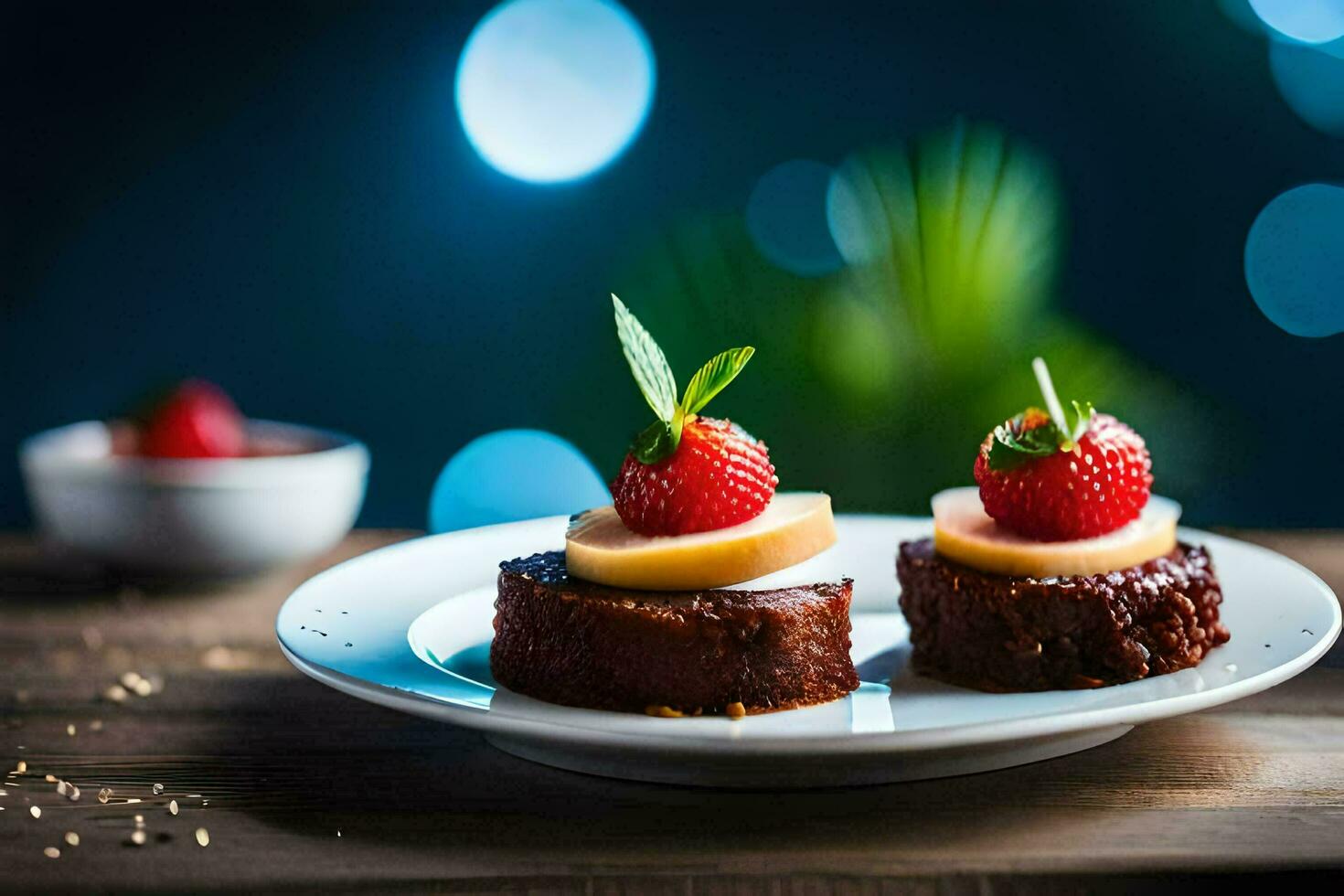 deux petit desserts sur une assiette avec des fraises. généré par ai photo